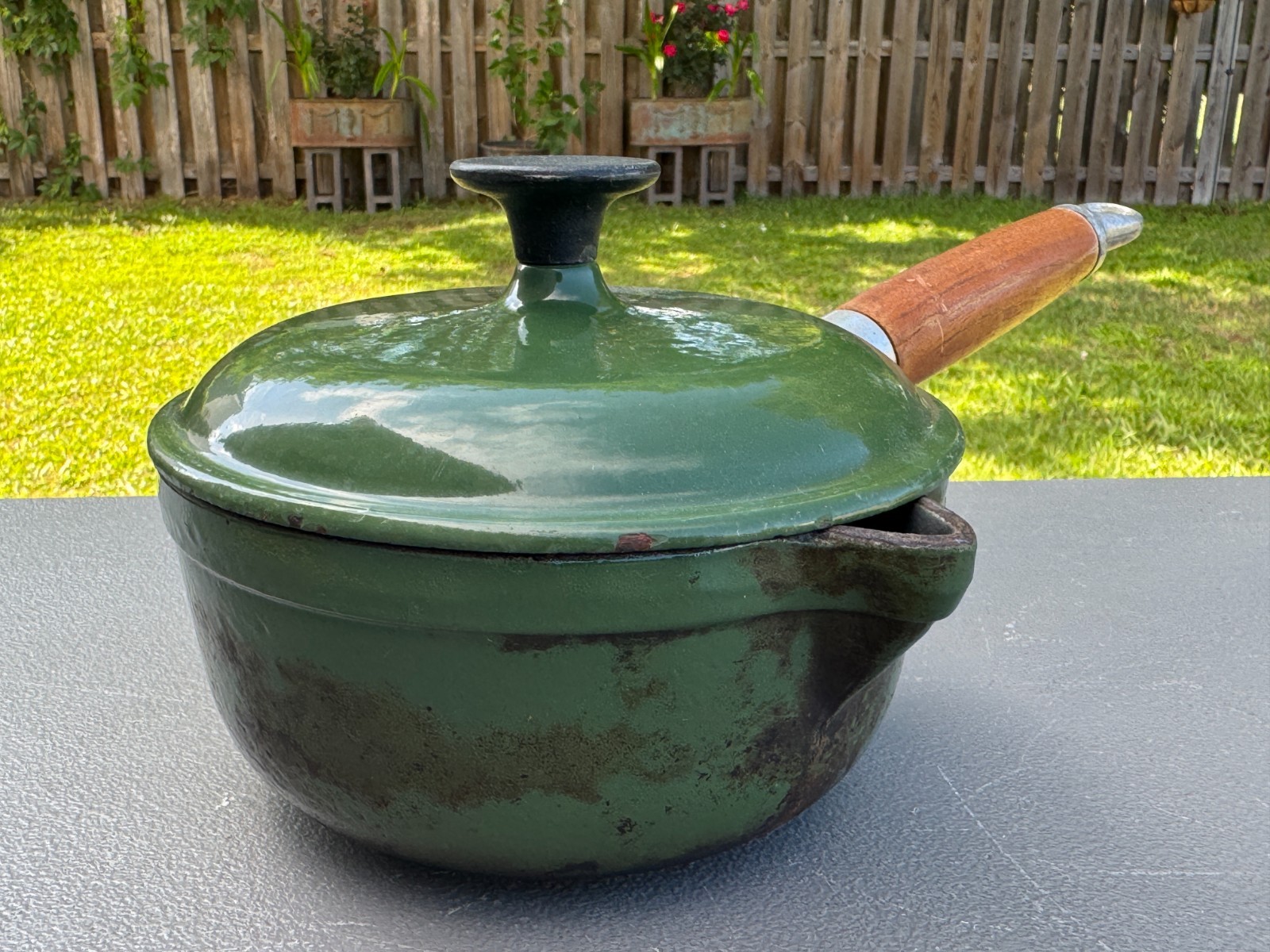 2 Vintage Lavec 1 Quart Saucepans Enameled Cast Iron: Red & Green w/Wood Handles