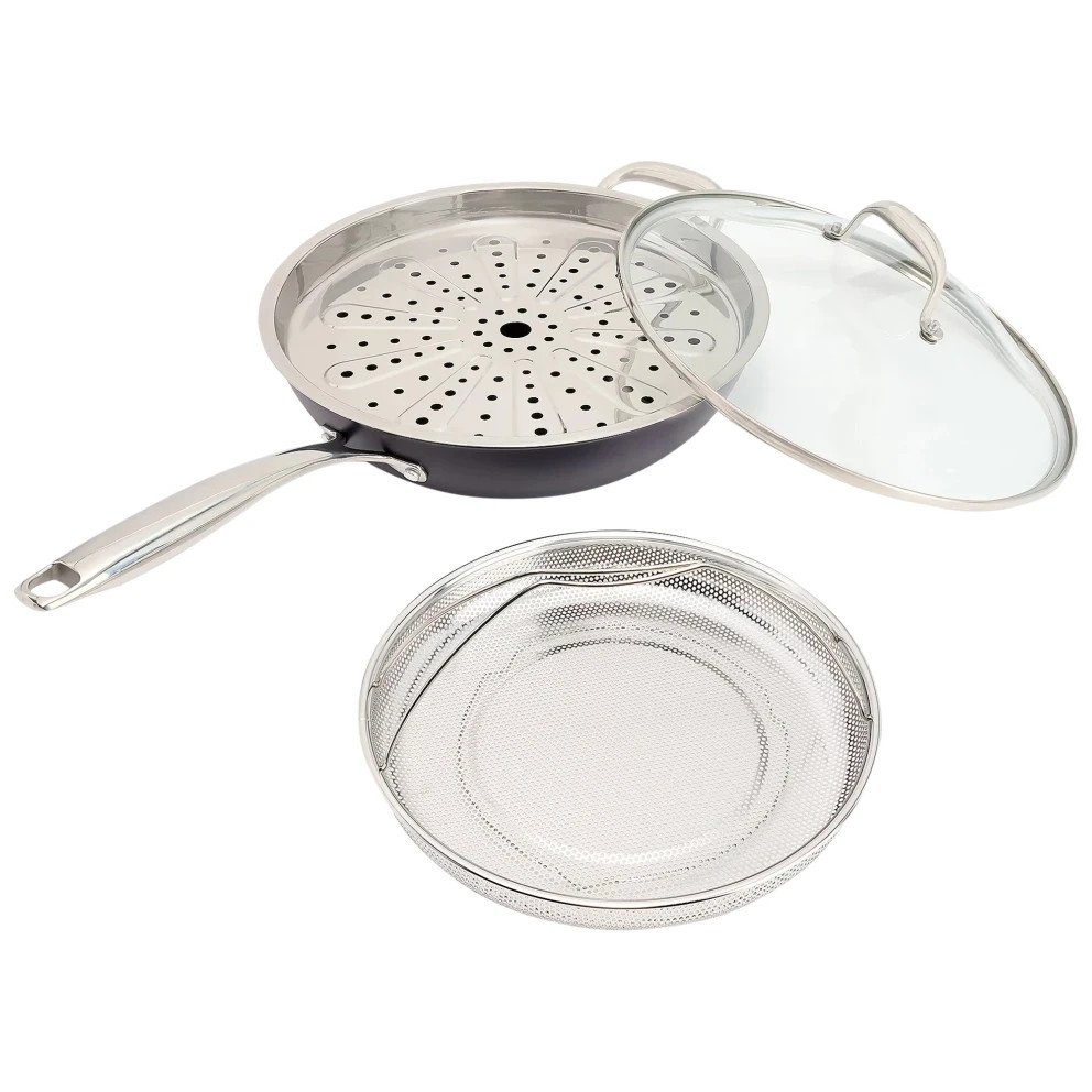 JUMBO 5 QT SAUTEING/ FRYING / STEAMER 12″ COVD PAN W/ STAINLESS STEEL INSERTS