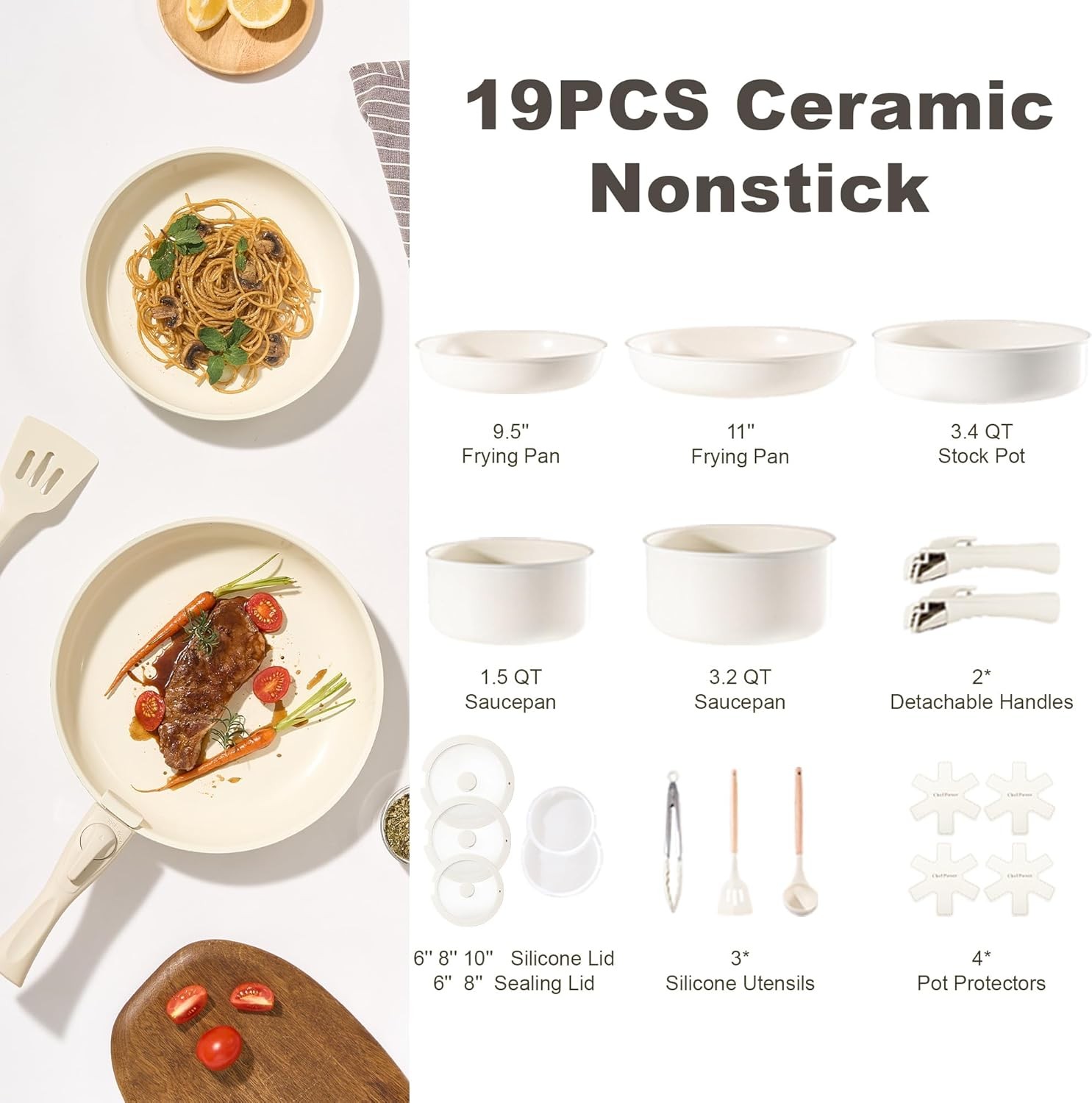 Chef Power ceramic cookware set, non-toxic and harmless, with detachable handles