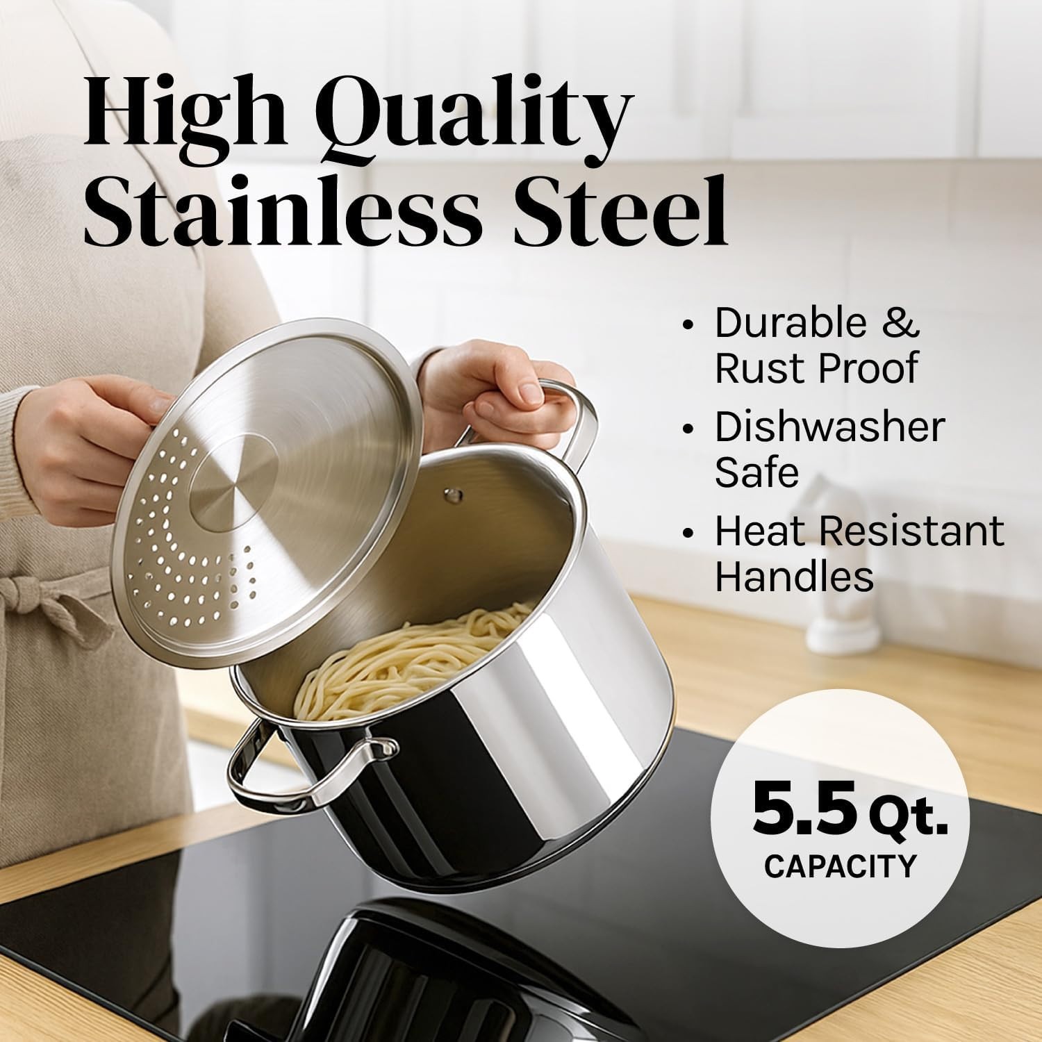 Stainless Steel Pasta Pot with Strainer Lid — 5.5 Qt Large Capacity Spaghetti Po