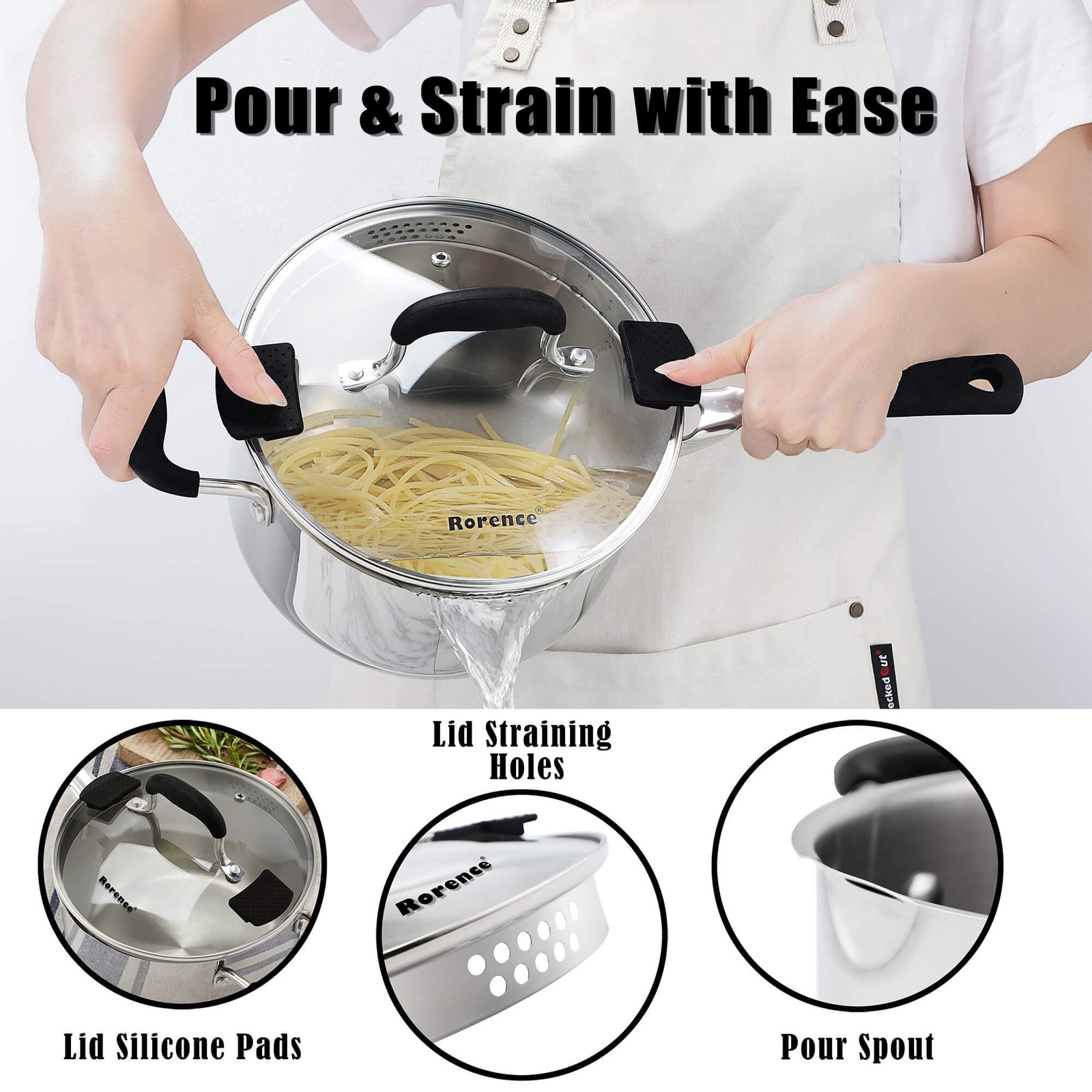 Rorence 3.7 Quart Glass Lid Stainless Steel Sauce Pan Two Sides Pour Silicone