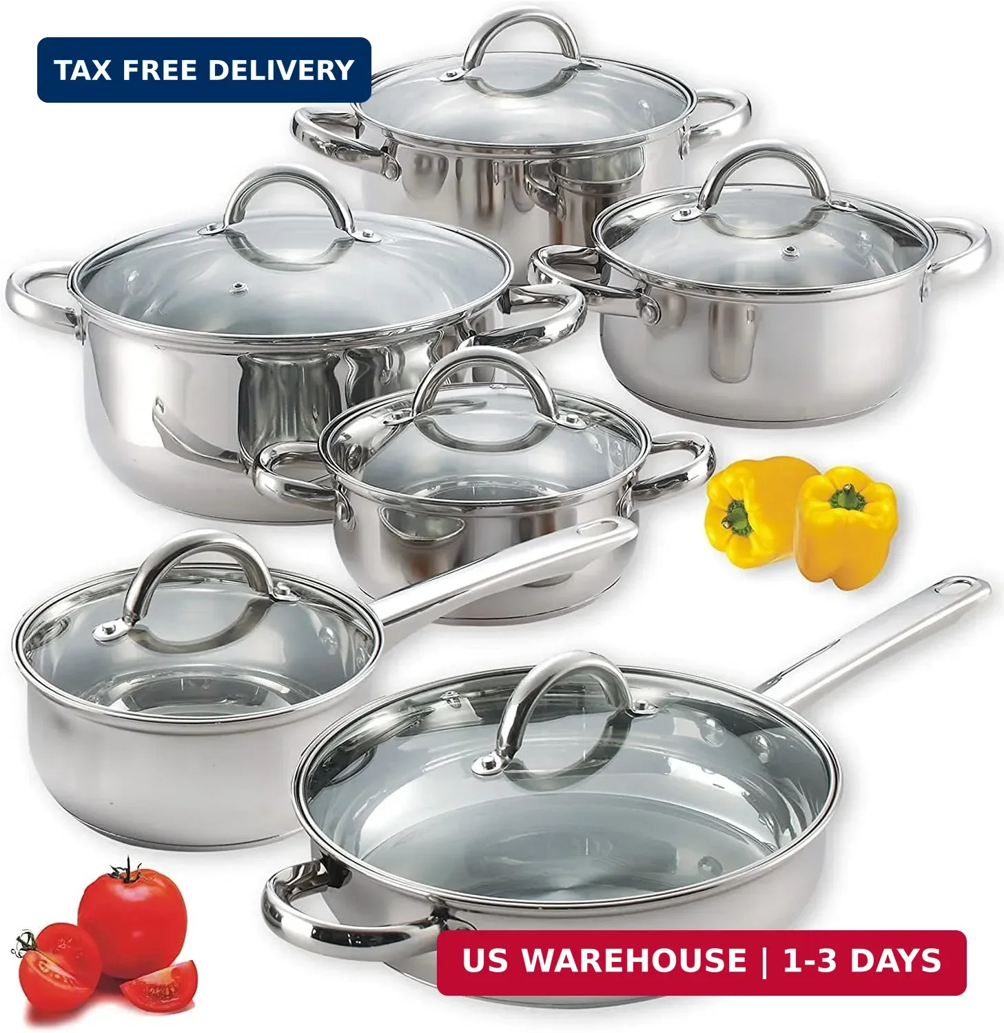 Cook N Home Kitchen Cookware Sets, 12-Piece Basic Stainless Steel Pots and Pans,