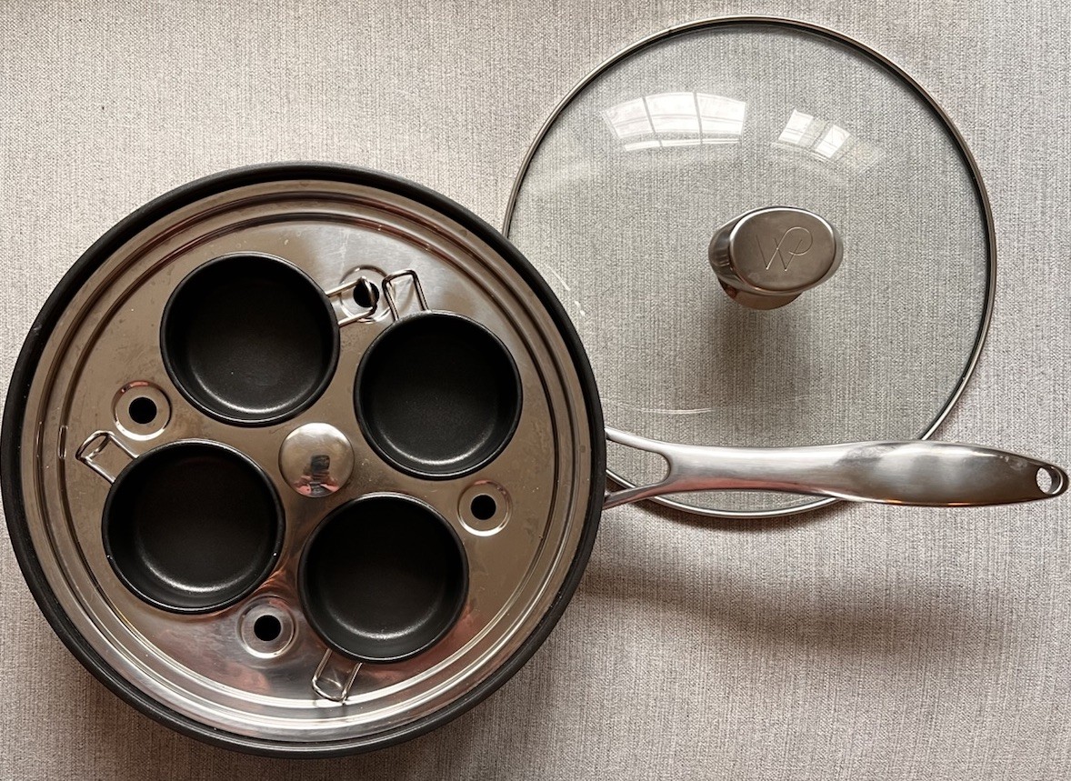 Wolfgang Puck 10” Egg Poacher Fry Pan Set Glass Lid 4 Cups Stainless