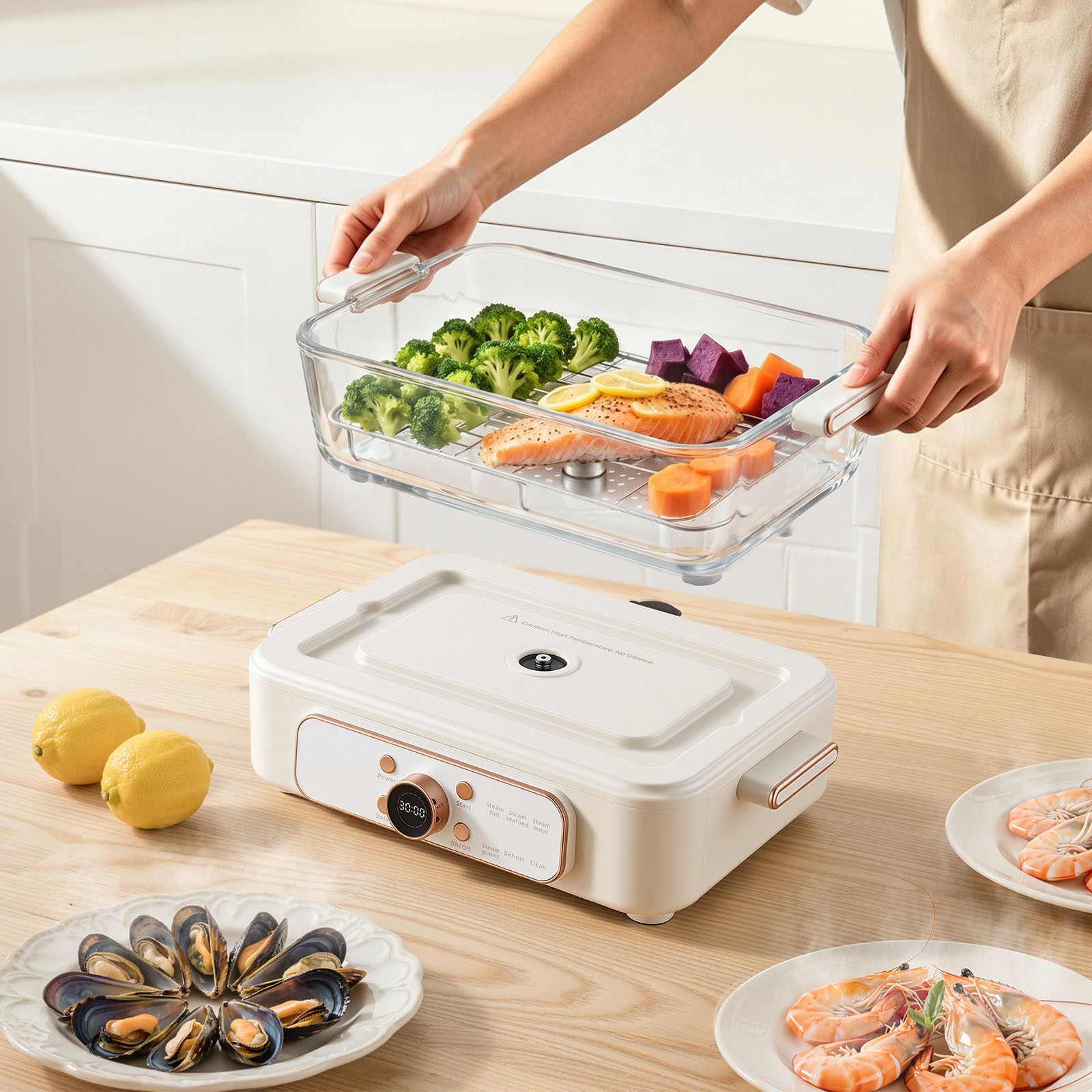 Uimoso Electric Food Steamer 6.3 QT with Glass Bowl and Dual-Layer Trays