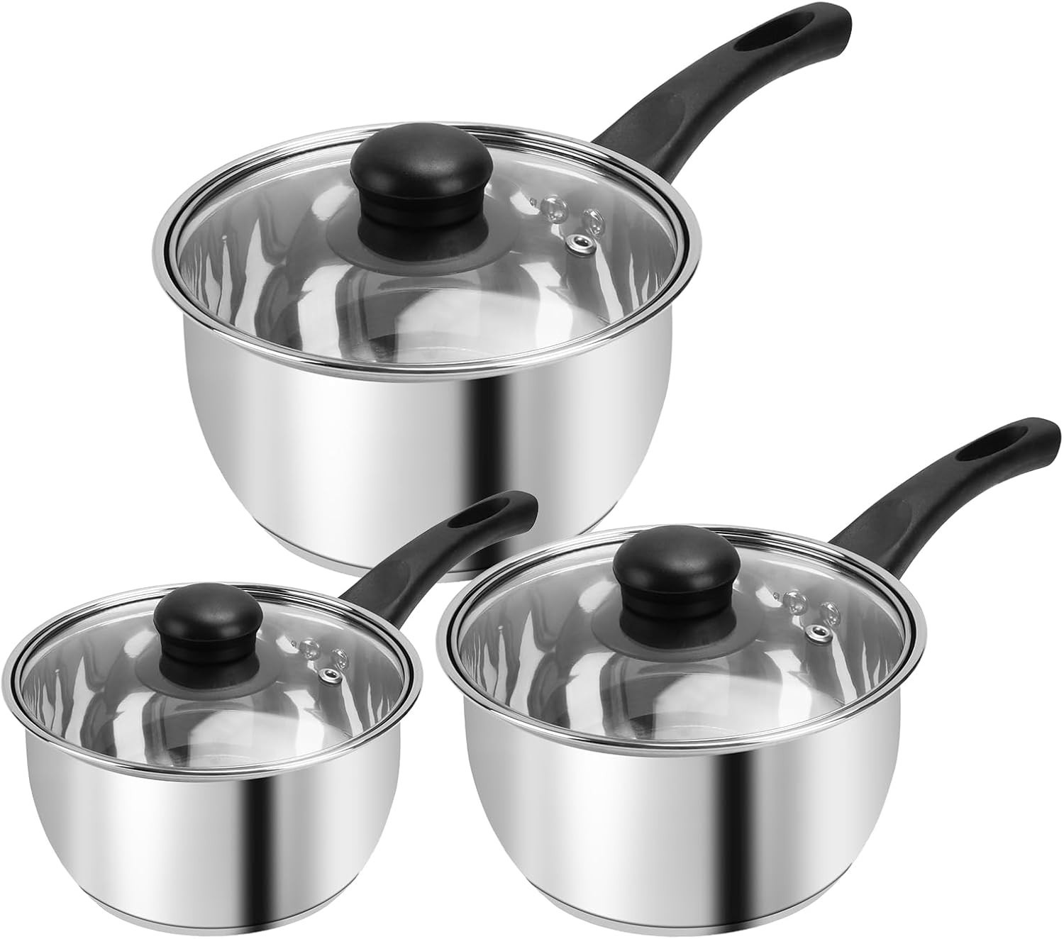 Stainless Steel Saucepan Set, 1 QT & 2 QT & 3 QT Saucepans with Glass Lids…