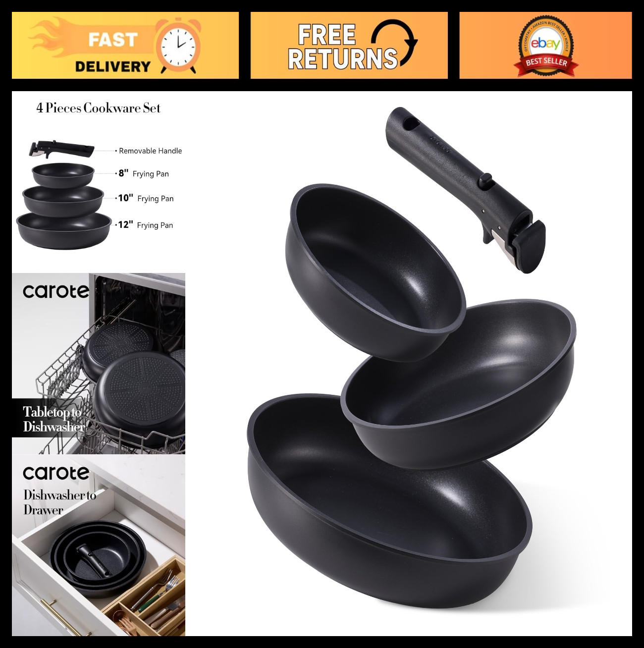 4pcs Non-Stick Frying Pan Set, 8″ 10″ 12″ Omelet Egg Pans, Detachable Handle, PF