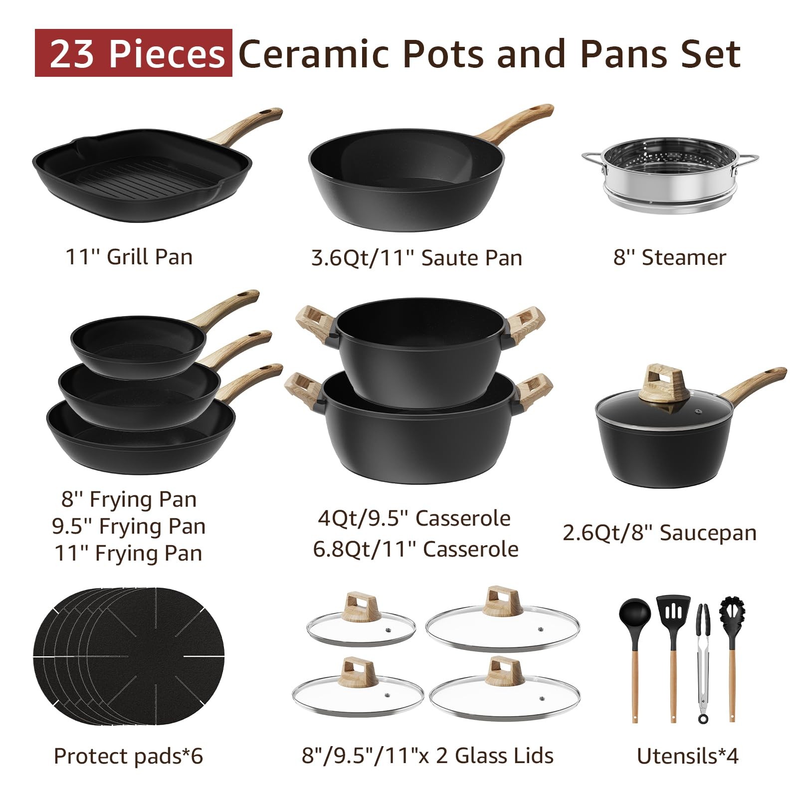 Bazova 23-Piece Pots and Pans Set Non Stick,Titanium Ceramic Cookware Set Non…