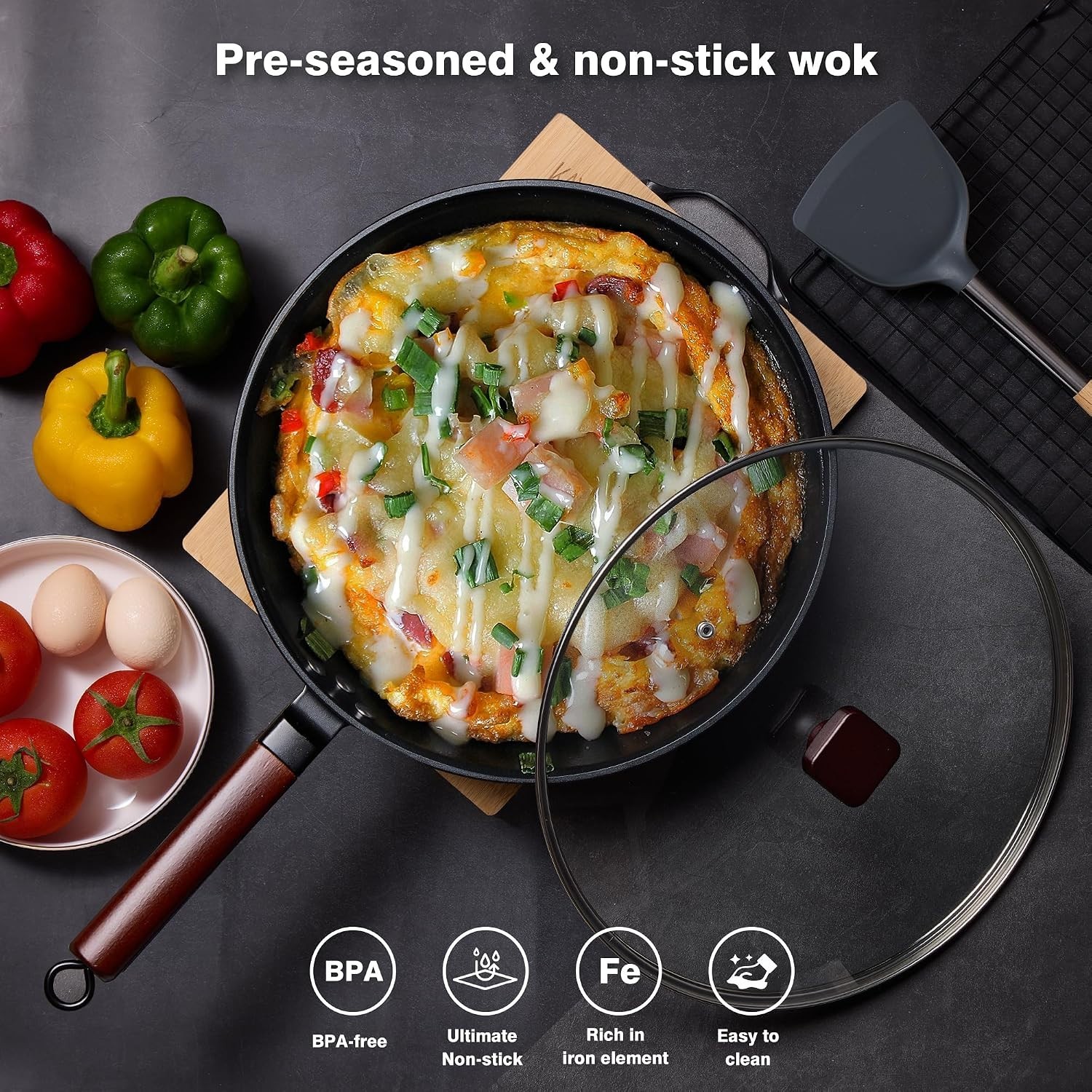 Carbon Steel Wok -13 Inch Woks & Stir-fry Pans Nonstick, Wok Pan with Lid Spa…