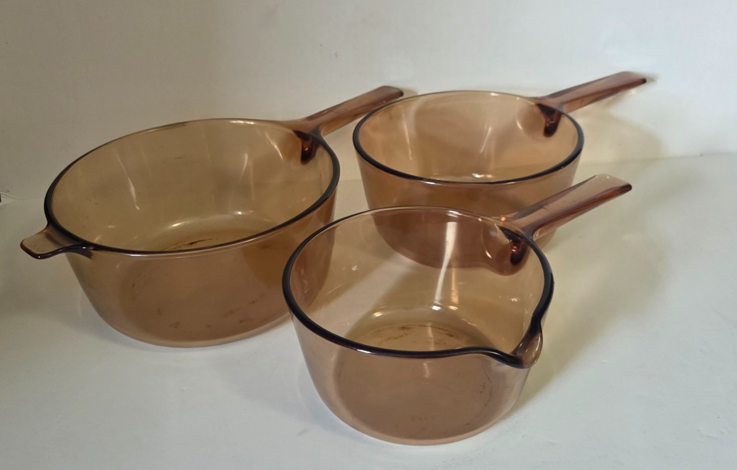 Vision Ware Corning Cookware Pyrex Amber Glass Pot NO Lids 3pc Set 1L 1.5L 2.5L