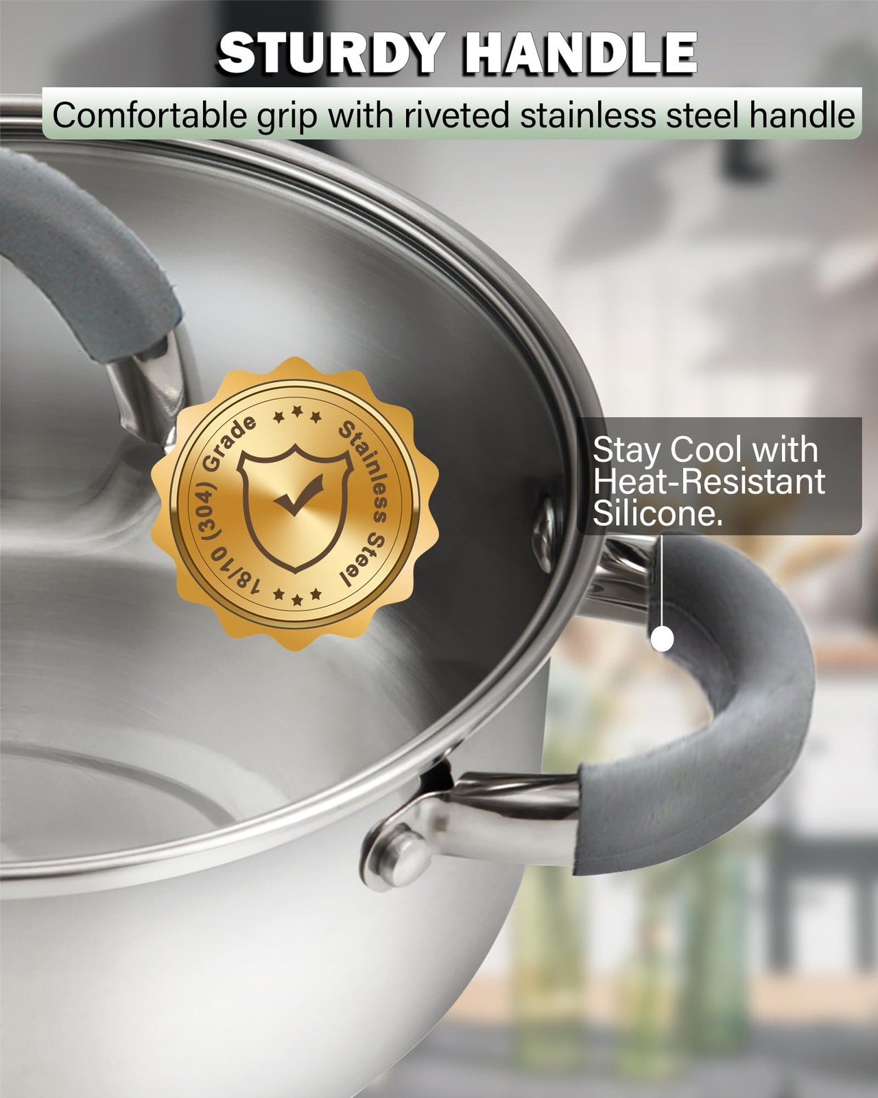 Cook N Home Basics Stainless Steel Cookware 12 Pieces, Gray Silicone Handle