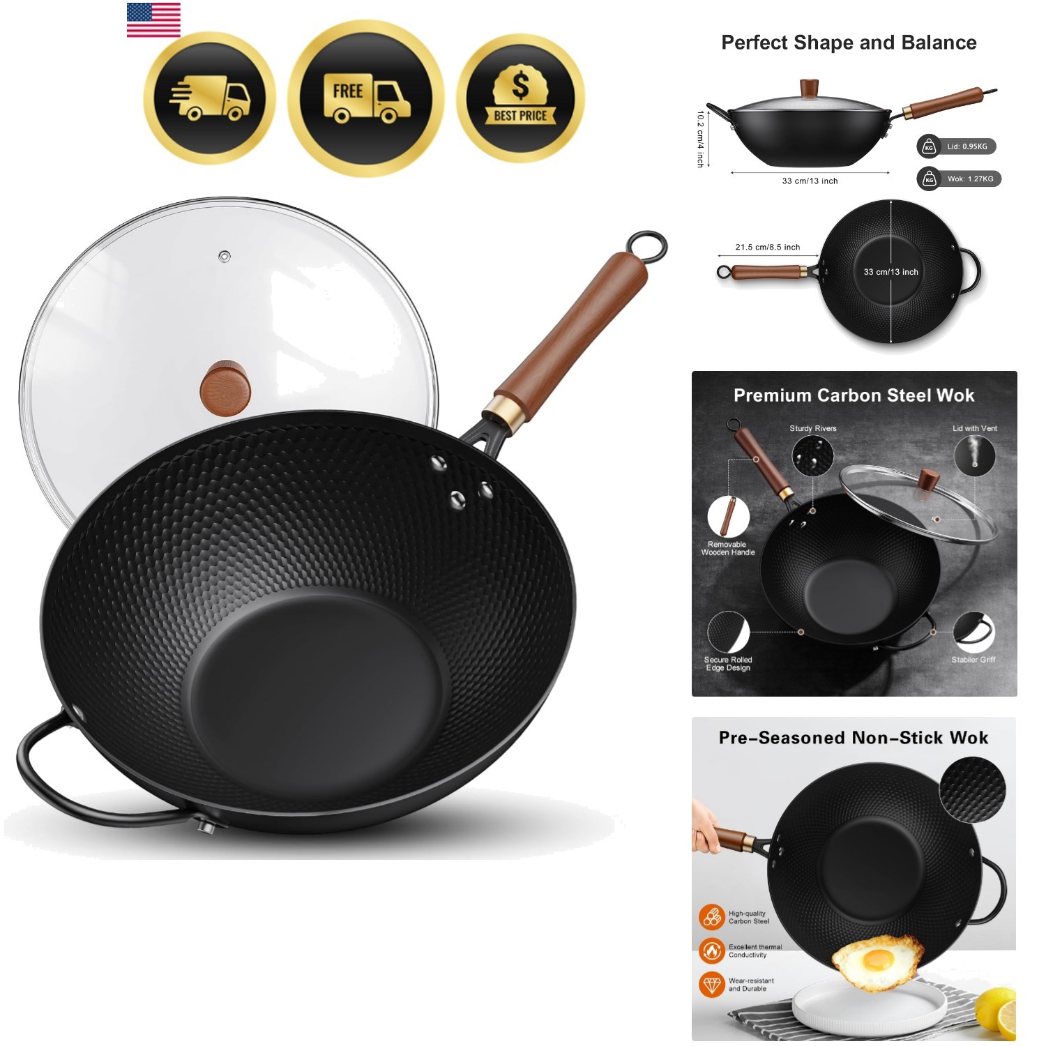 Wok Pan Carbon Steel 13 Inch Nonstick Stir Fry Pan Induction Gas Electric