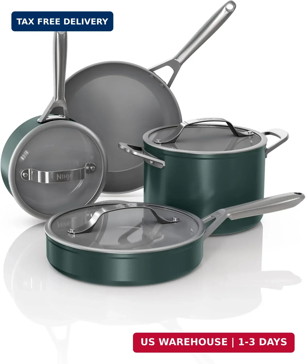 Ninja Ceramic Pro 7Pc Cookware Set, NonStick Pots & Pans Set with Glass Lids, No
