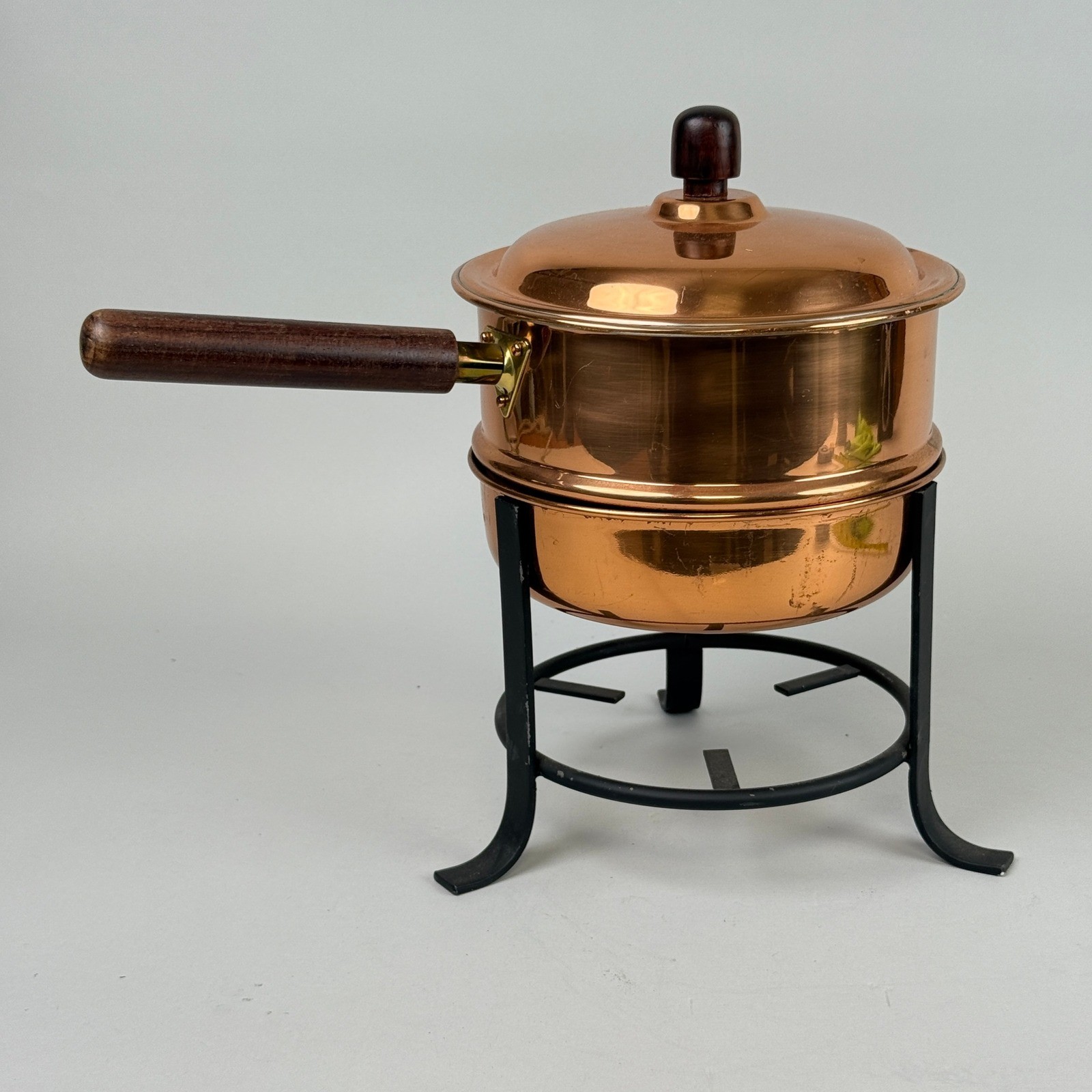 Vintage Copper Double Boiler Pot with Wood Handle and Stand Fondue Set