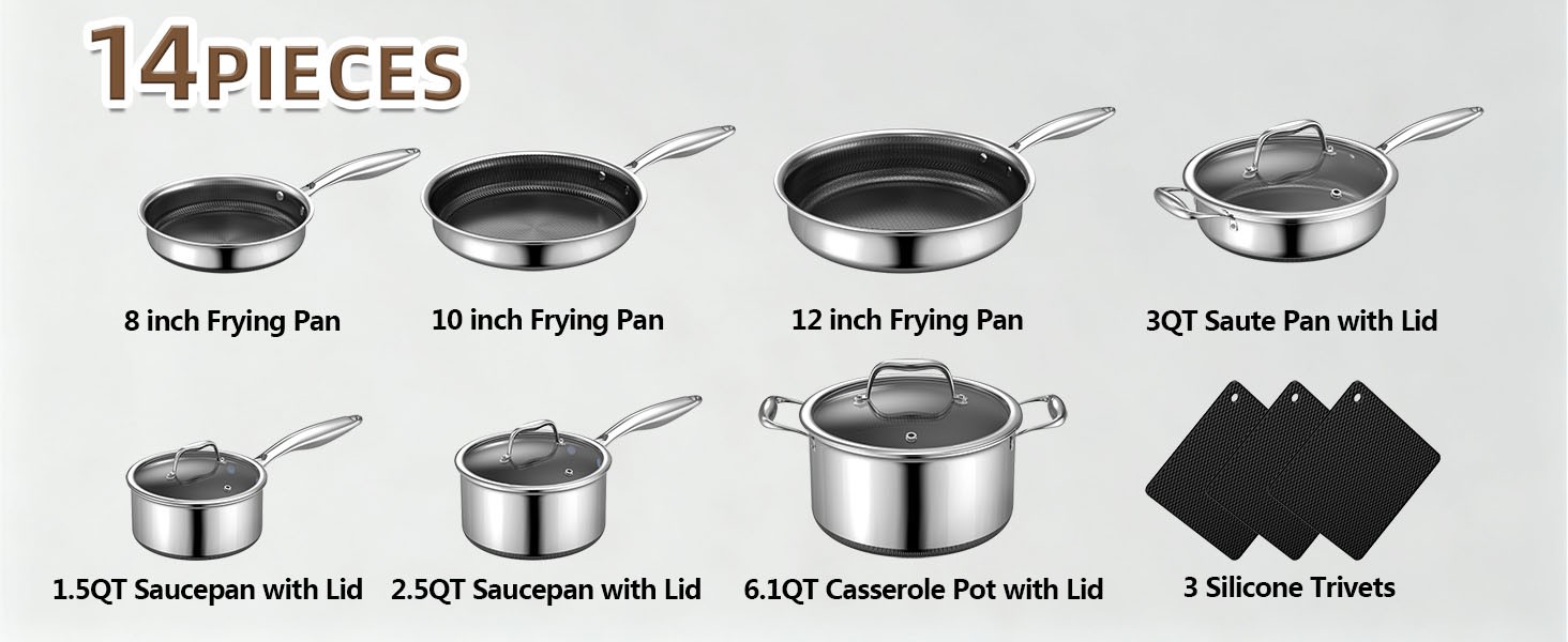 14-Piece Hybrid Stainless Steel Cookware Set, Pots and Pans Set with 3 Silicone