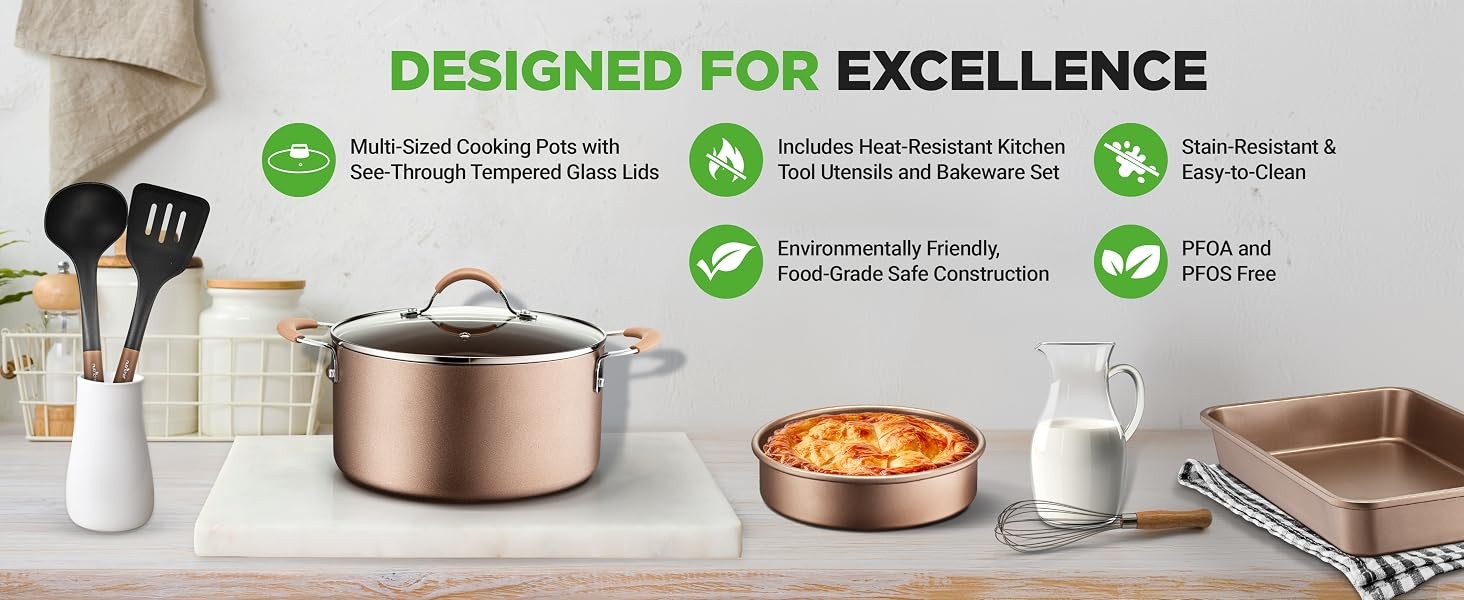 Nutrichef 20 Piece Professional Home Kitchen Cookware and Bakeware, Pots and