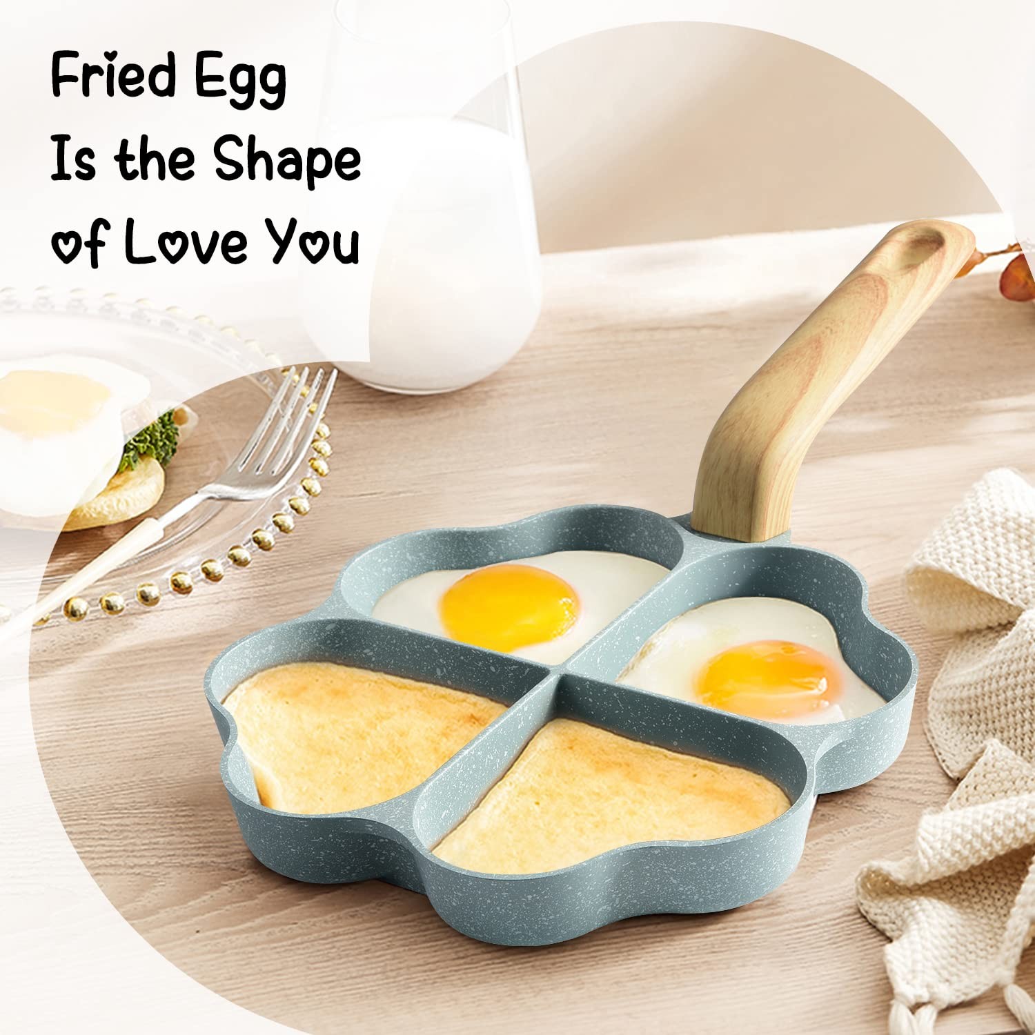 Egg Omelette Pan 4 Cup Green Heart Shaped Nonstick Granite Skillet Gas Stove
