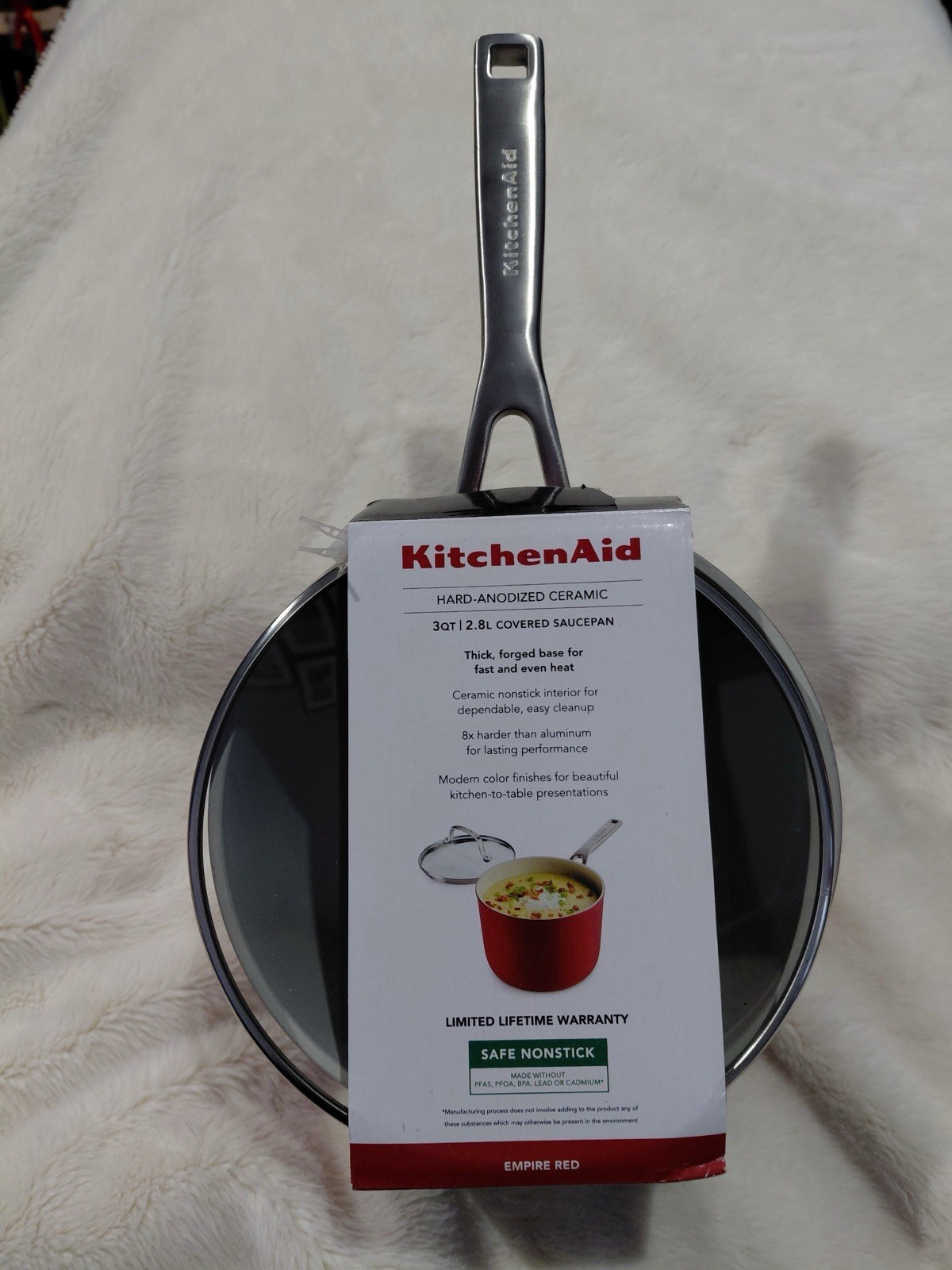 Kitchen Aid Hard Anodized Ceramic Red 3 Qt Sauce Pan With Glass Lid