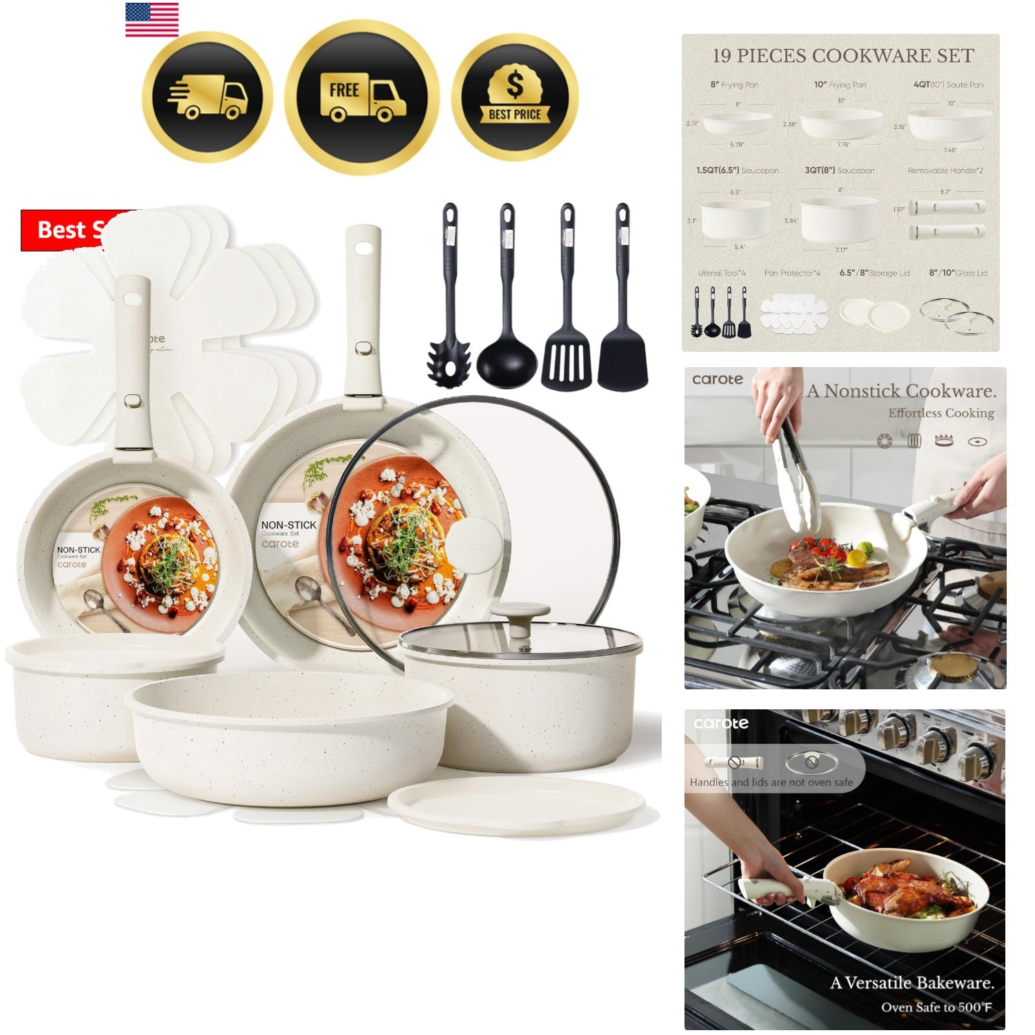 19pcs Pots and Pans Set, Nonstick Cookware Set Detachable Handle, Induction K…