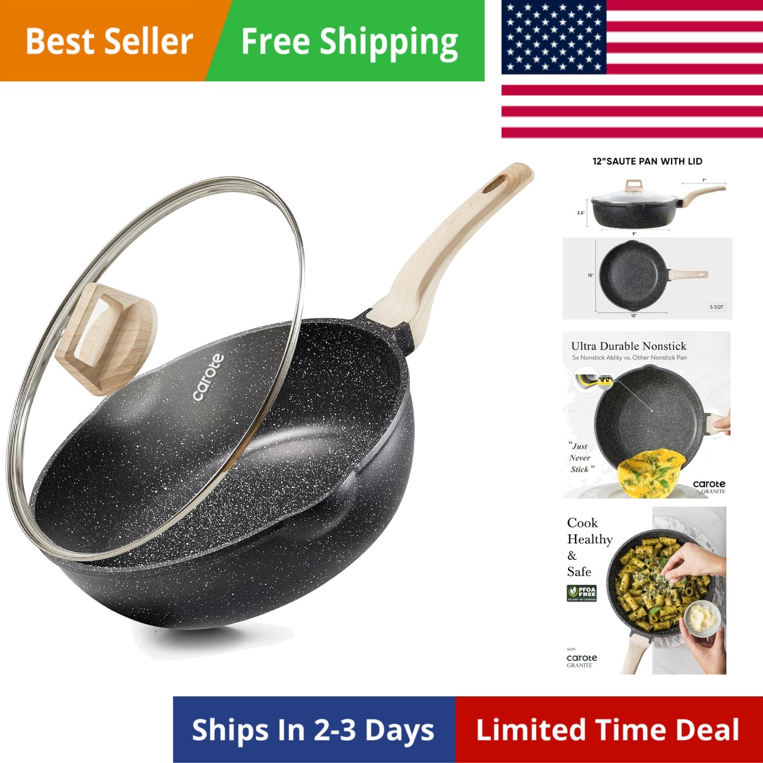 12 Inch Nonstick Deep Frying Pan with Lid, 5.5 Qt Jumbo Cooker Saute Pan with…