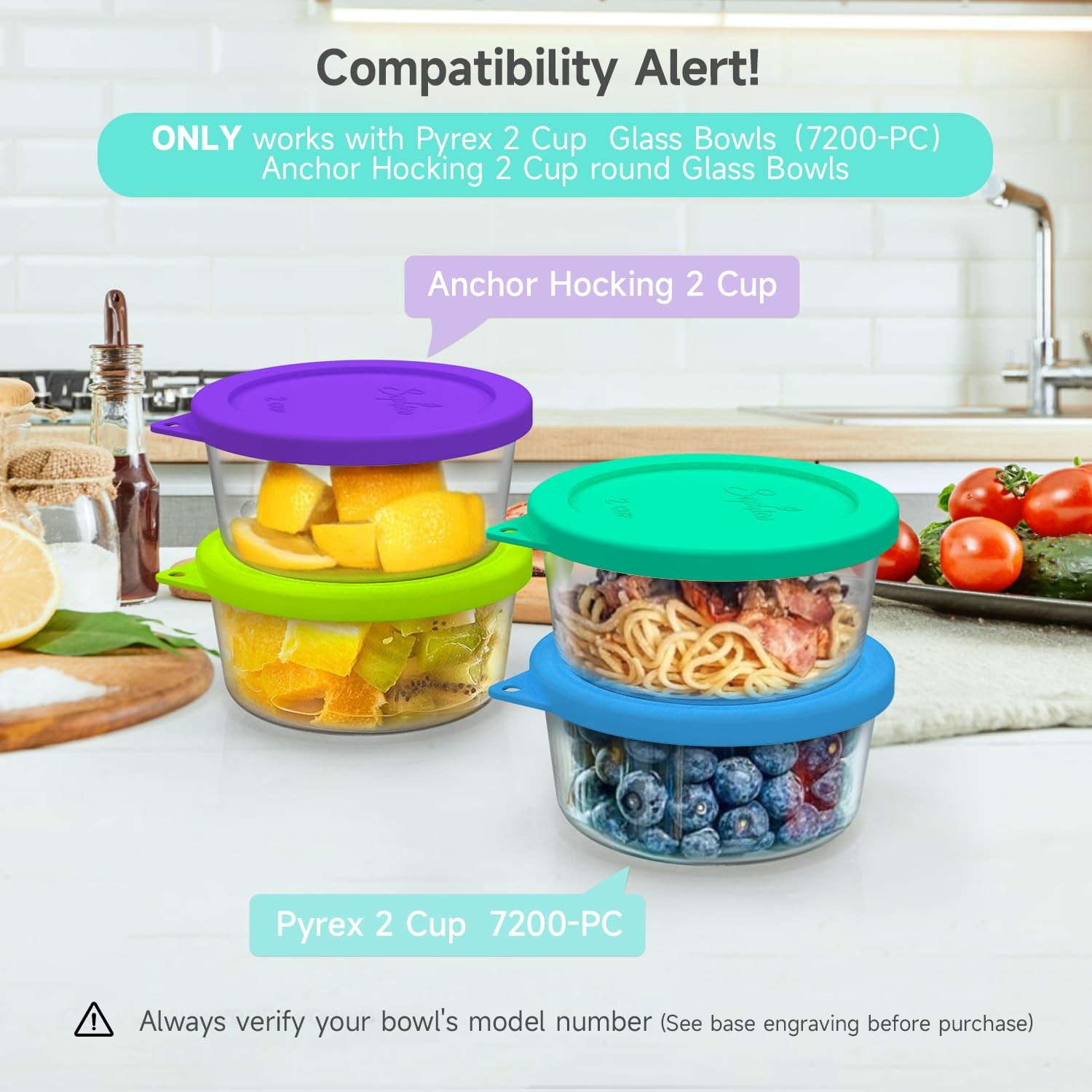 2 Cup Round Silicone Storage Cover Lids Replacement for Pyrex 7200-PC and Anc…