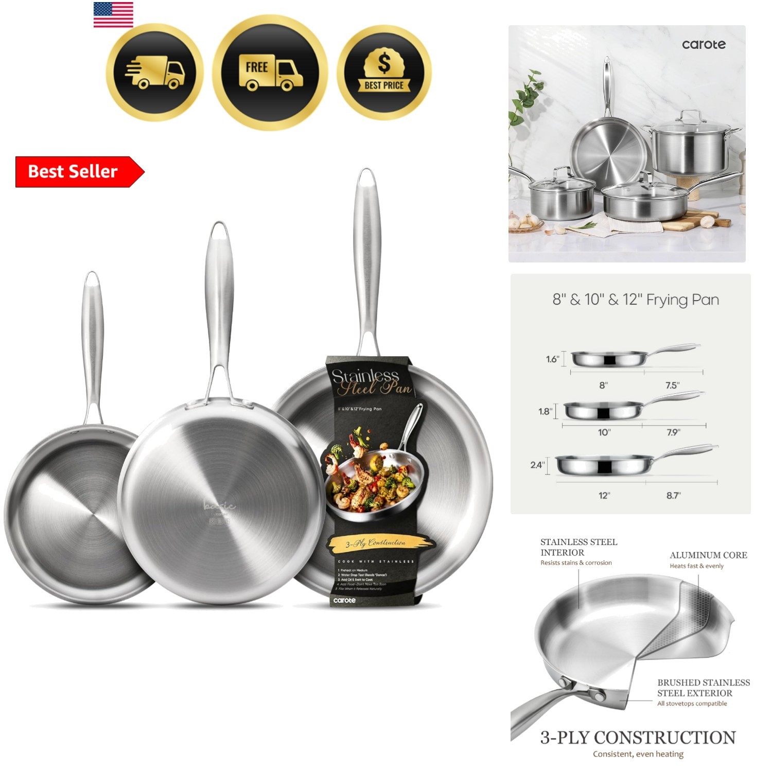 3-Piece Tri-Ply Stainless Steel Frying Pan Set, Skillet Set 8″/10″/12″, Induc…