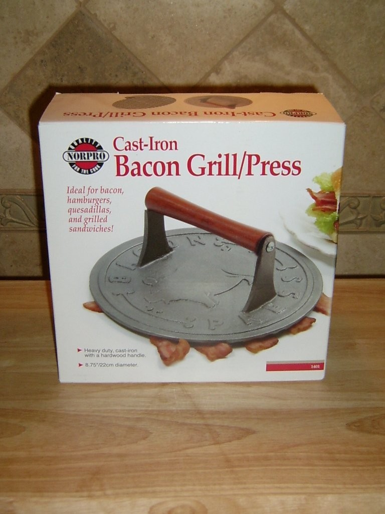 Norpro Cast-Iron Bacon Grill/Press, Hardwood Handle, NEW IN BOX