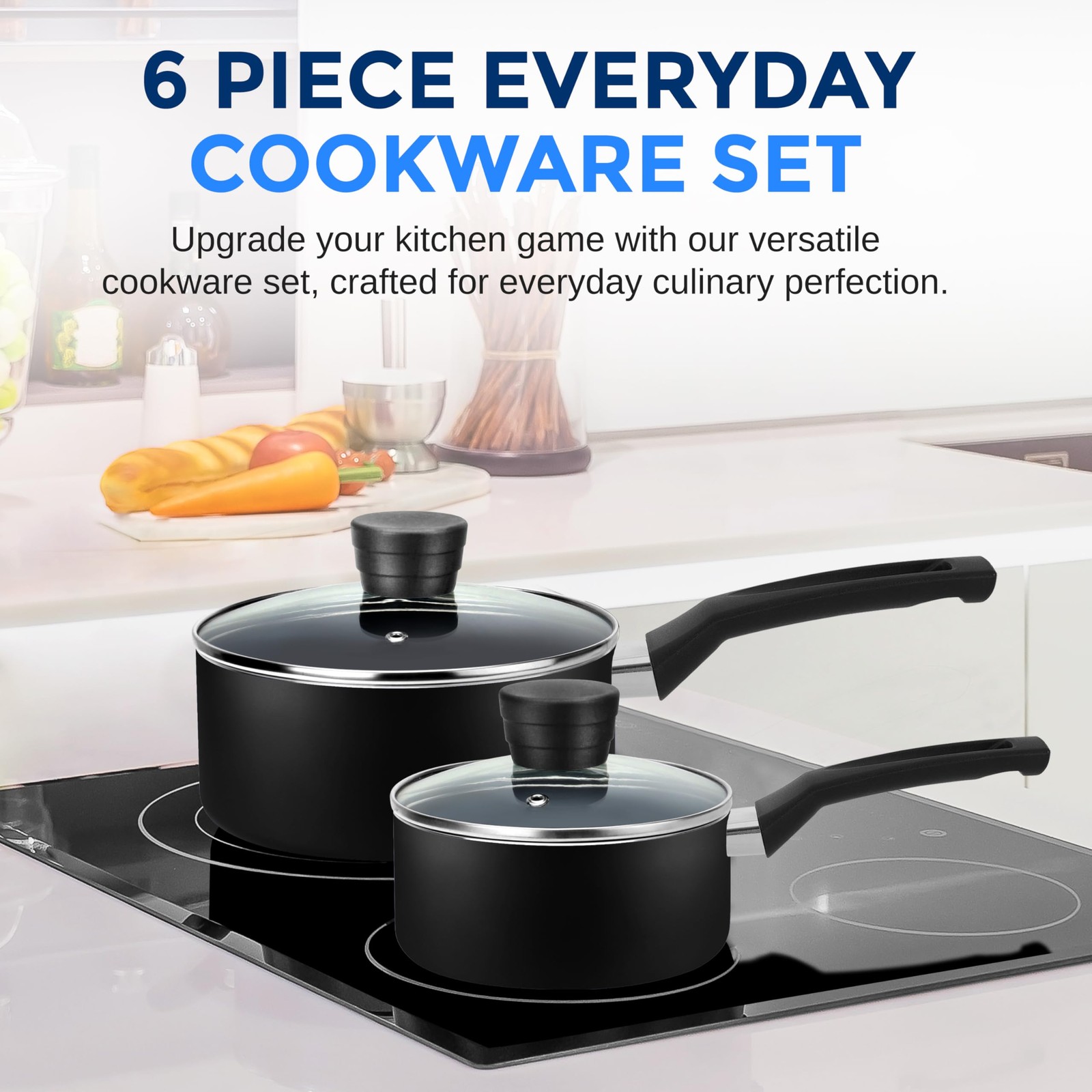 SereneLife 6-Piece Nonstick Cookware Set, Black, Dishwasher Safe