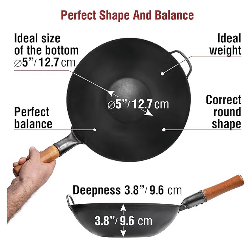 YOSUKATA Black Carbon Steel Wok Flat Bottom Pan Pre-Seasoned 13.5″/34cm NEW