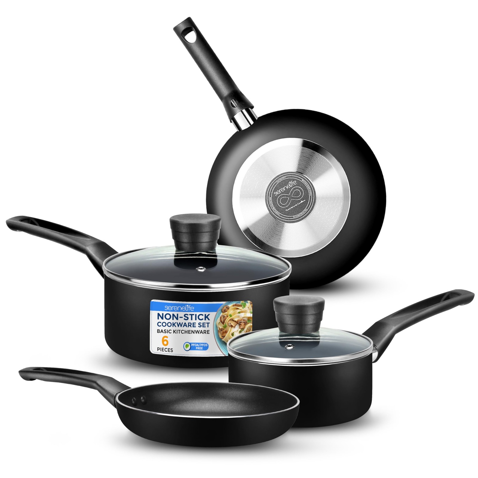 SereneLife 6-Piece Nonstick Cookware Set, Black, Dishwasher Safe