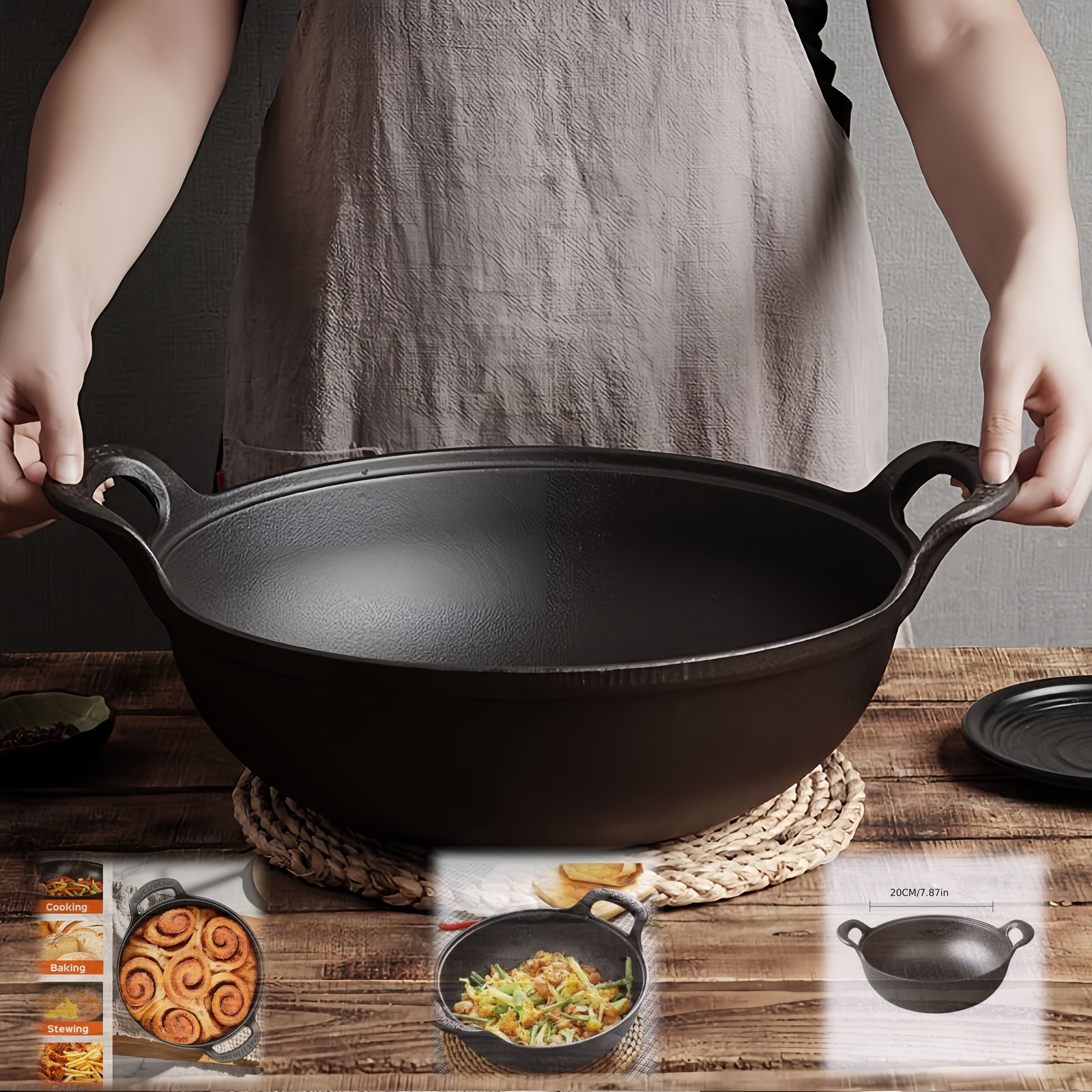 Cast Iron Wok with Handles, Pre-seasoned Cast Iron Grilling Wok, Use in the Oven
