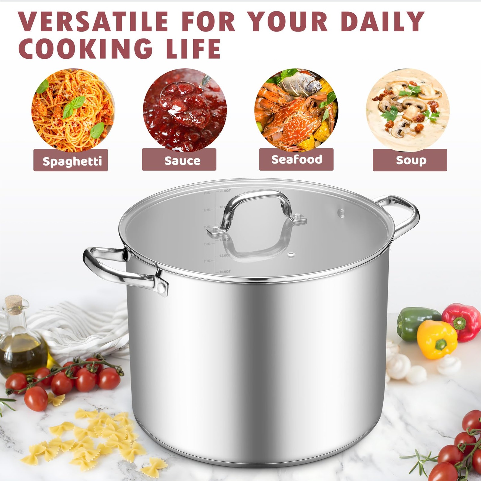 TeamFar 20QT Stock Pot, Stainless Steel Stockpot Large Induction Cooking Pot wit