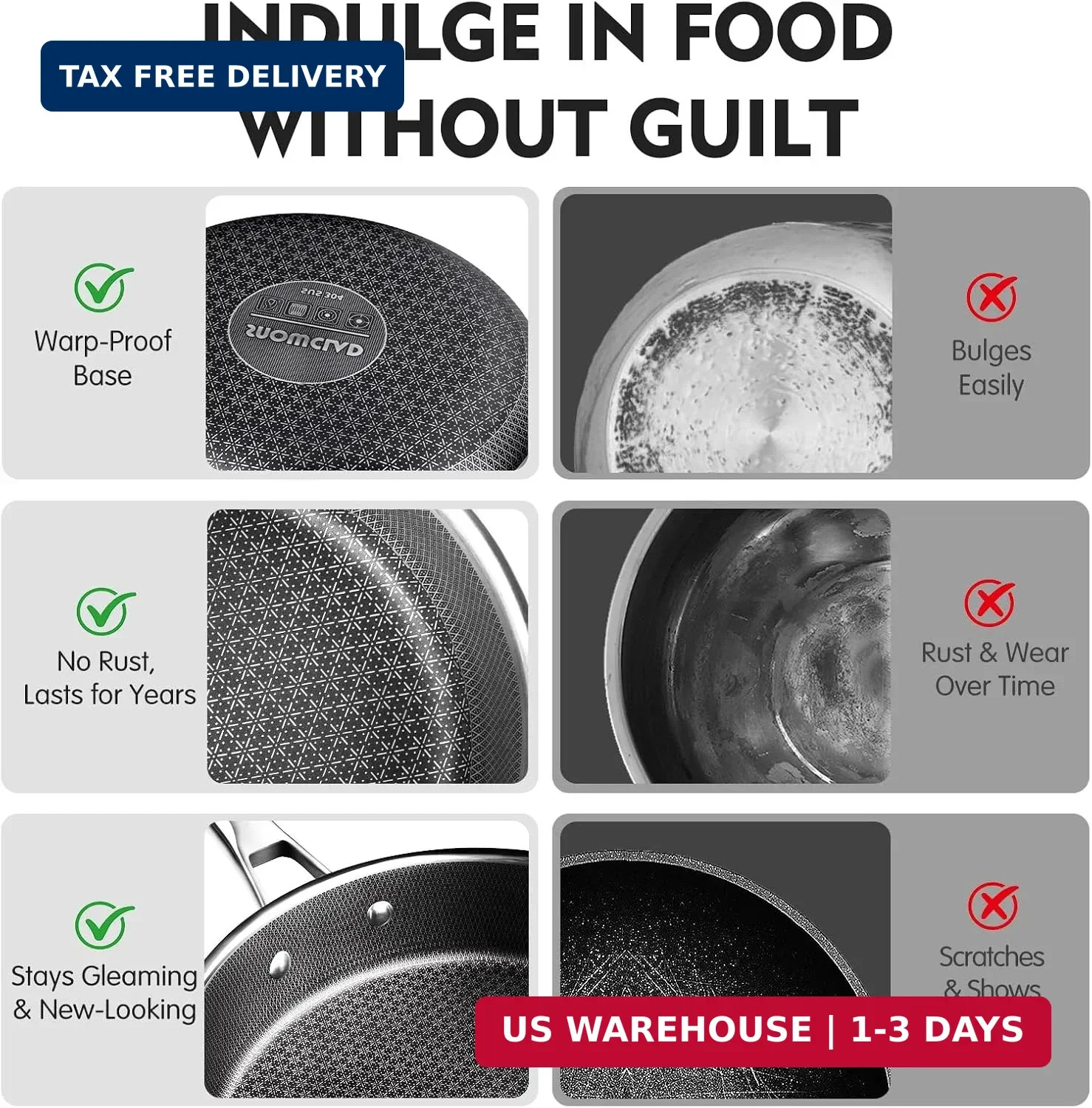 SNOWCLAD Pots and Pans Set Non Stick, 14 Pcs Hybrid Stainless Steel Cookware Set