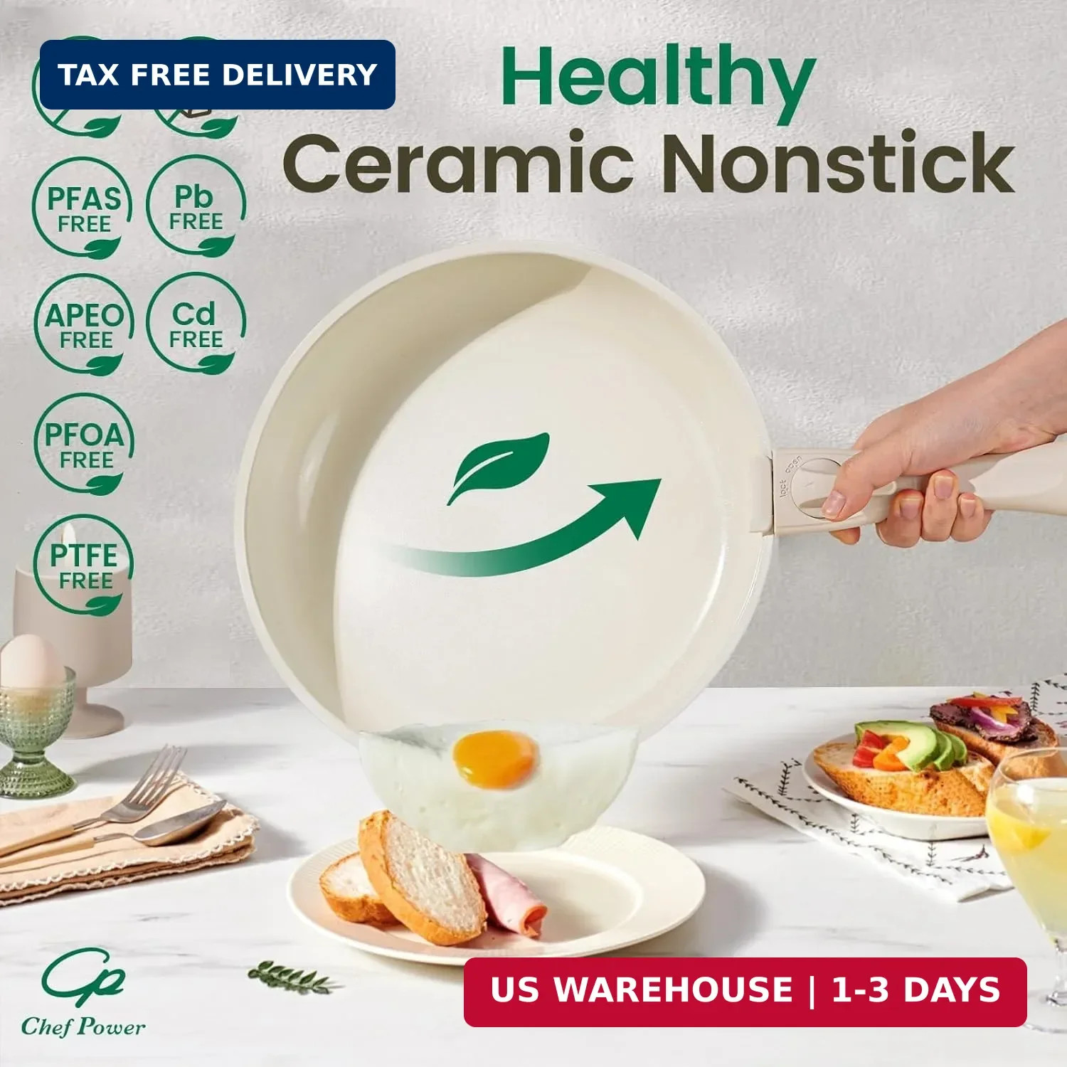 Chef Power Ceramic Cookware Set Non Toxic with Detachable Handles, Healthy Nonst