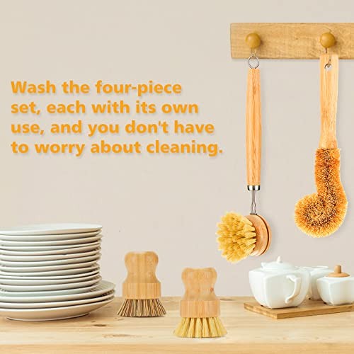 Bamboo Dish Brushes Sets 4 Tools in One Kitchen Clean Dish Scrubber for Pots