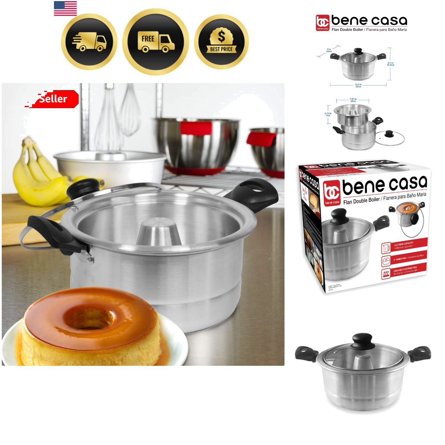 Aluminum Flan Mold Double Boiler with Glass Lid 1.6 Liter – Includes Aluminum…