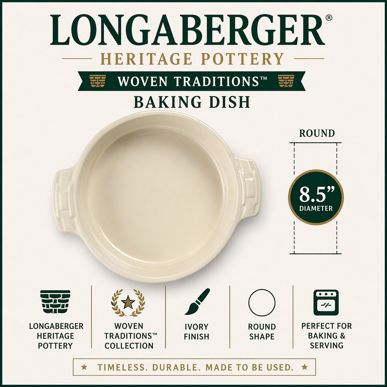 Longaberger Pottery Woven Traditions Ivory Round Casserole Baking Dish Vitrified