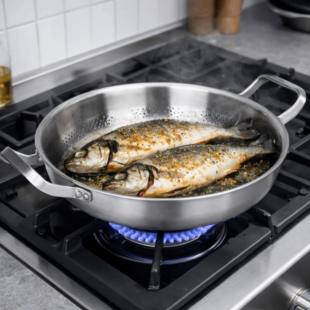 3 Ply Titanium Clad Stainless Steel Frying Pan Non Toxic Non Stick Hammered