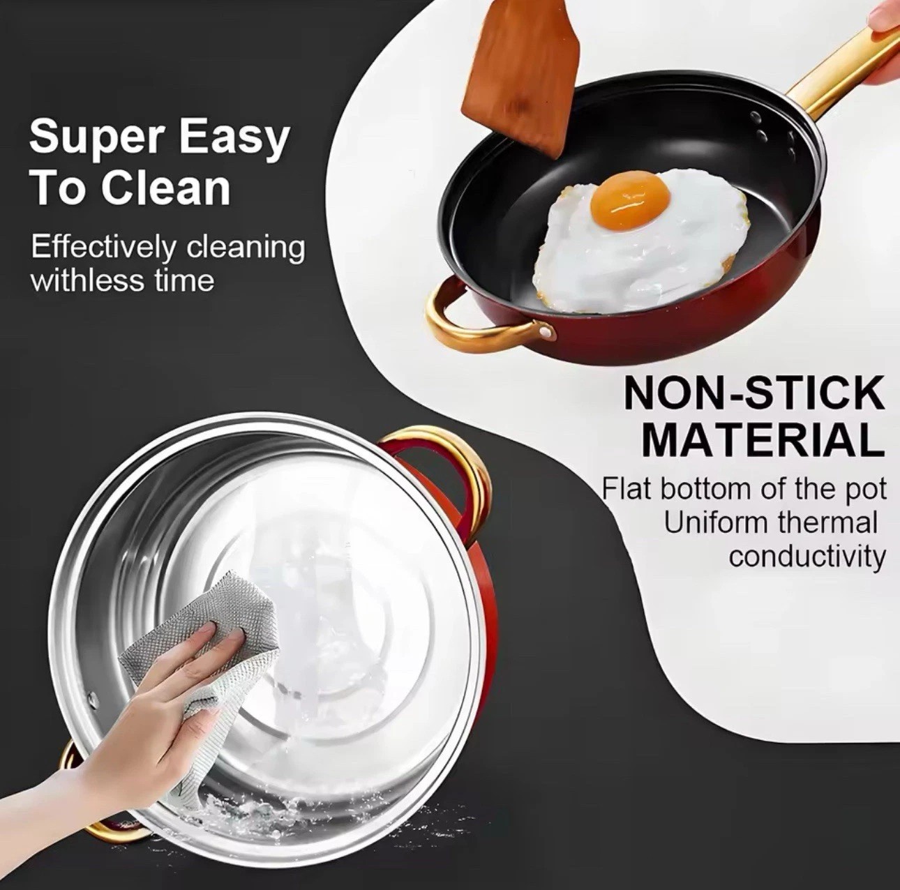 12Pcs Red Stainless Steel Non-Stick Cookware Set Kitchen Pot Frying Pan Saucepan