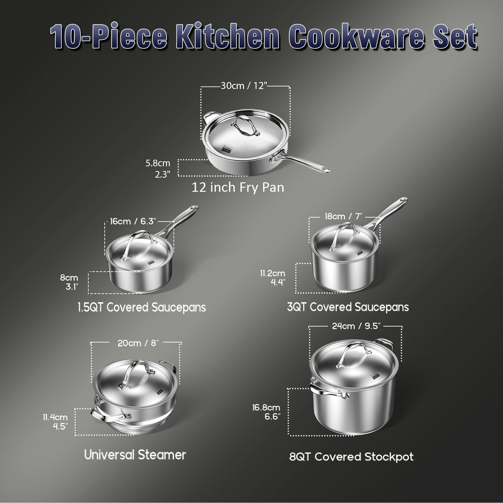 Multi-ply Clad Stainless Steel Cookware Set, Includes Saucepans, Steamer, Sto…