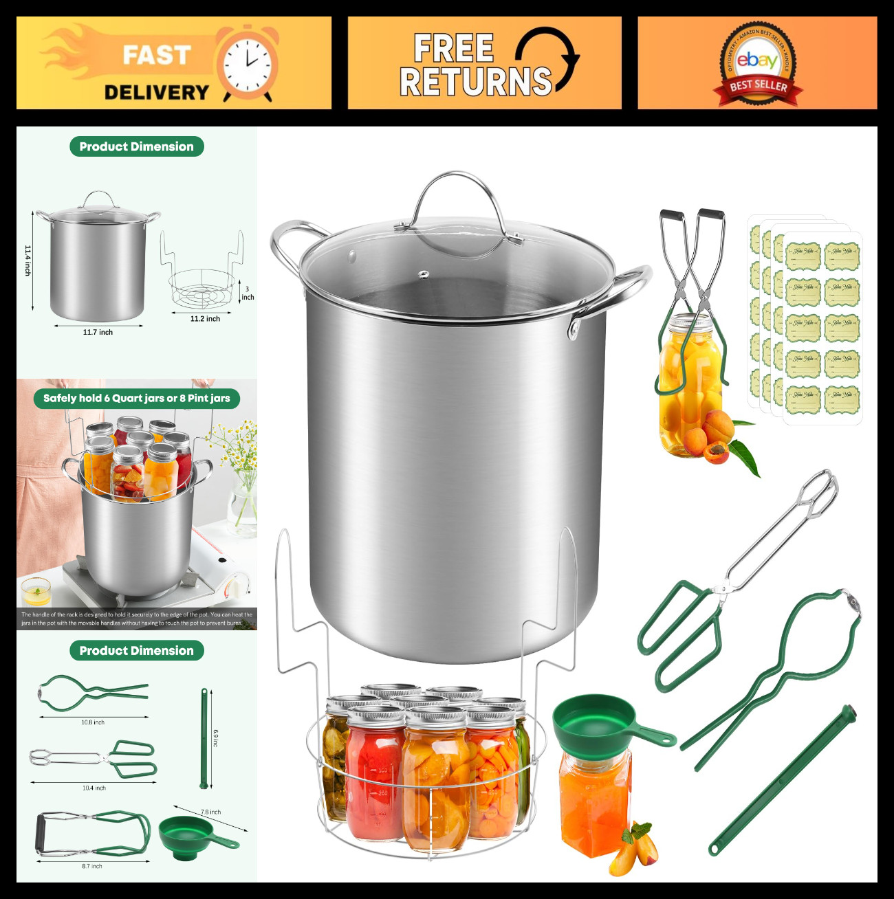 21.5 QT Stainless Steel Canning Pot with Rack & Lid, Starter Kit & 6 Tools Set