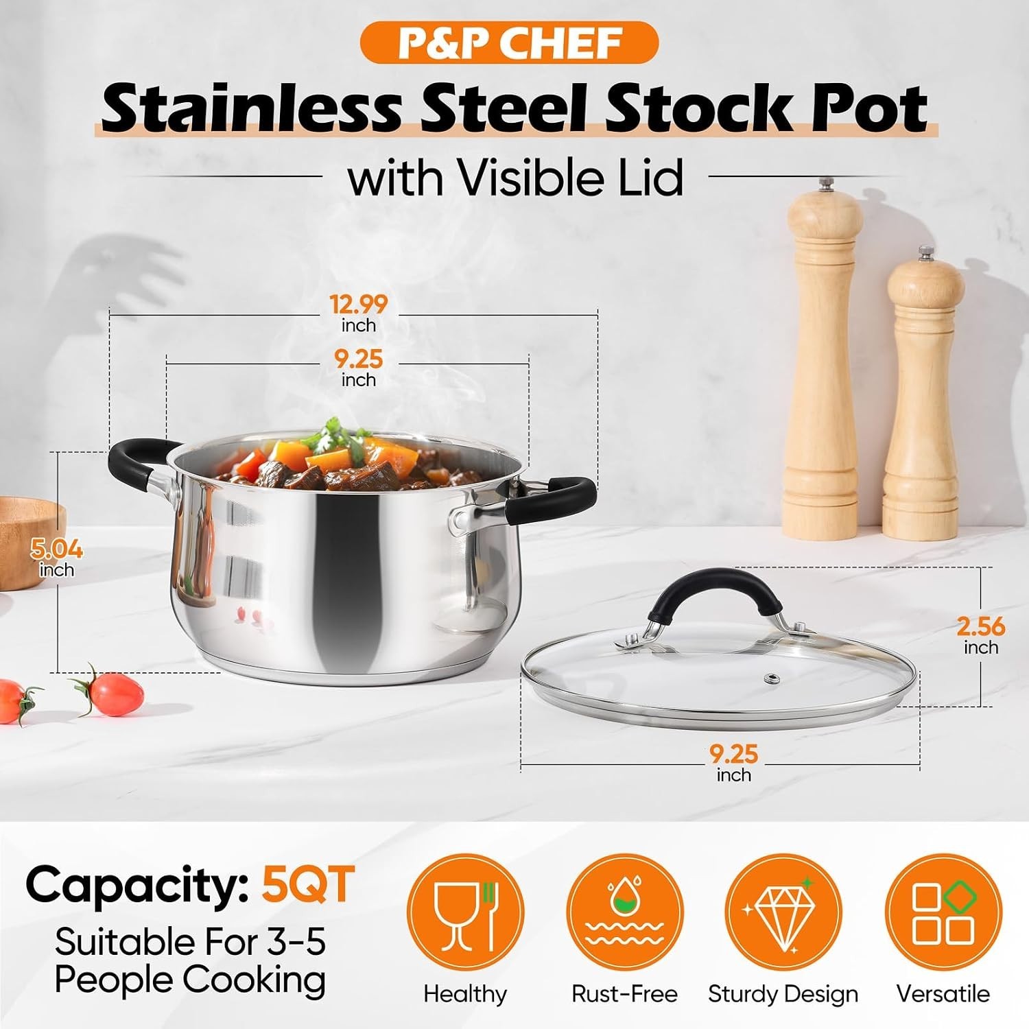 5 Quart Stainless Steel Stock Pot, Cooking Pot with Visible Lid | For Soup Pa…