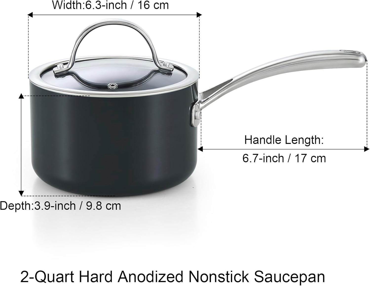 2 Qt Nonstick Saucepan w/ Glass Lid Hard Anodized Dishwasher Safe Black