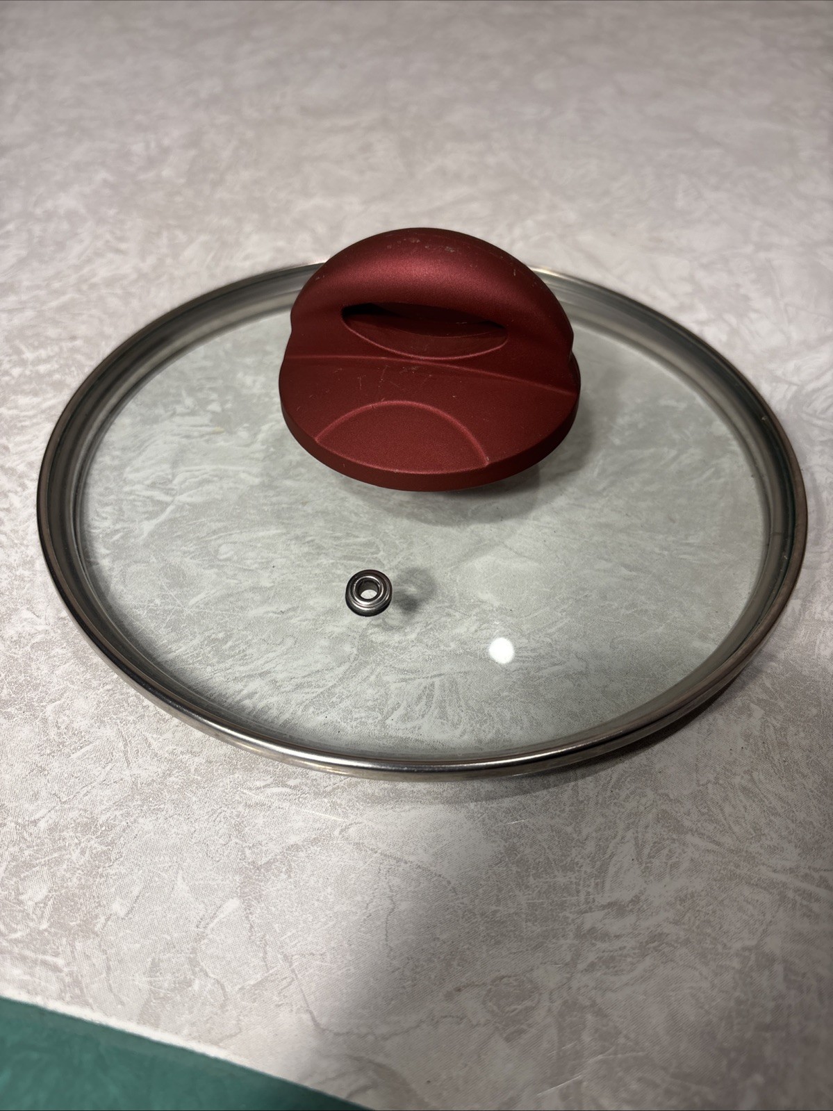 7” Glass Replacement Lid Cover Top With Red Handle, Silver Rim, Vented