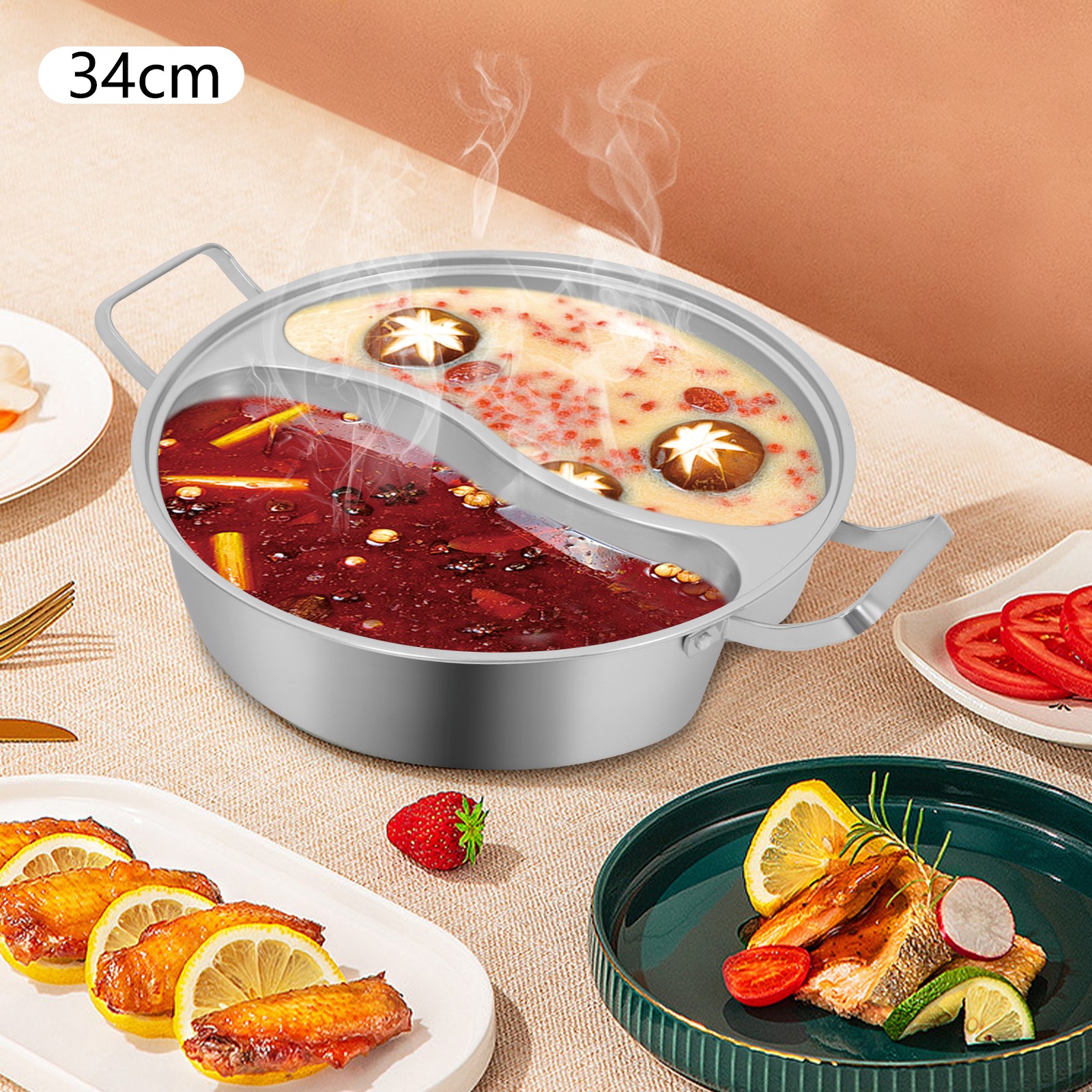 2-Compartment 7L (1.85 Gal) Stainless Steel Hot Pot with Divider & Glass Lid