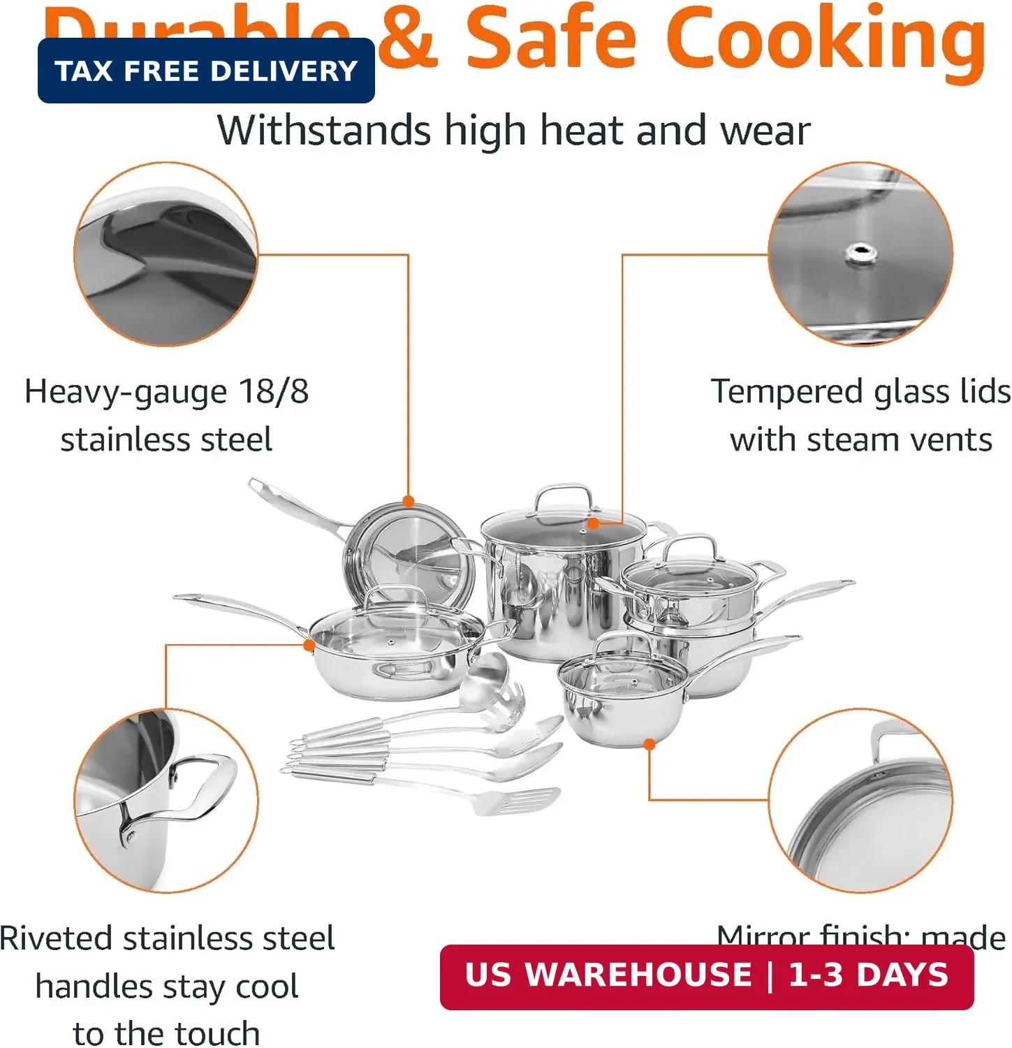 Amazon Basics Stainless Steel Cookware 15-Piece Set, Oven Safe, Induction-Ready,