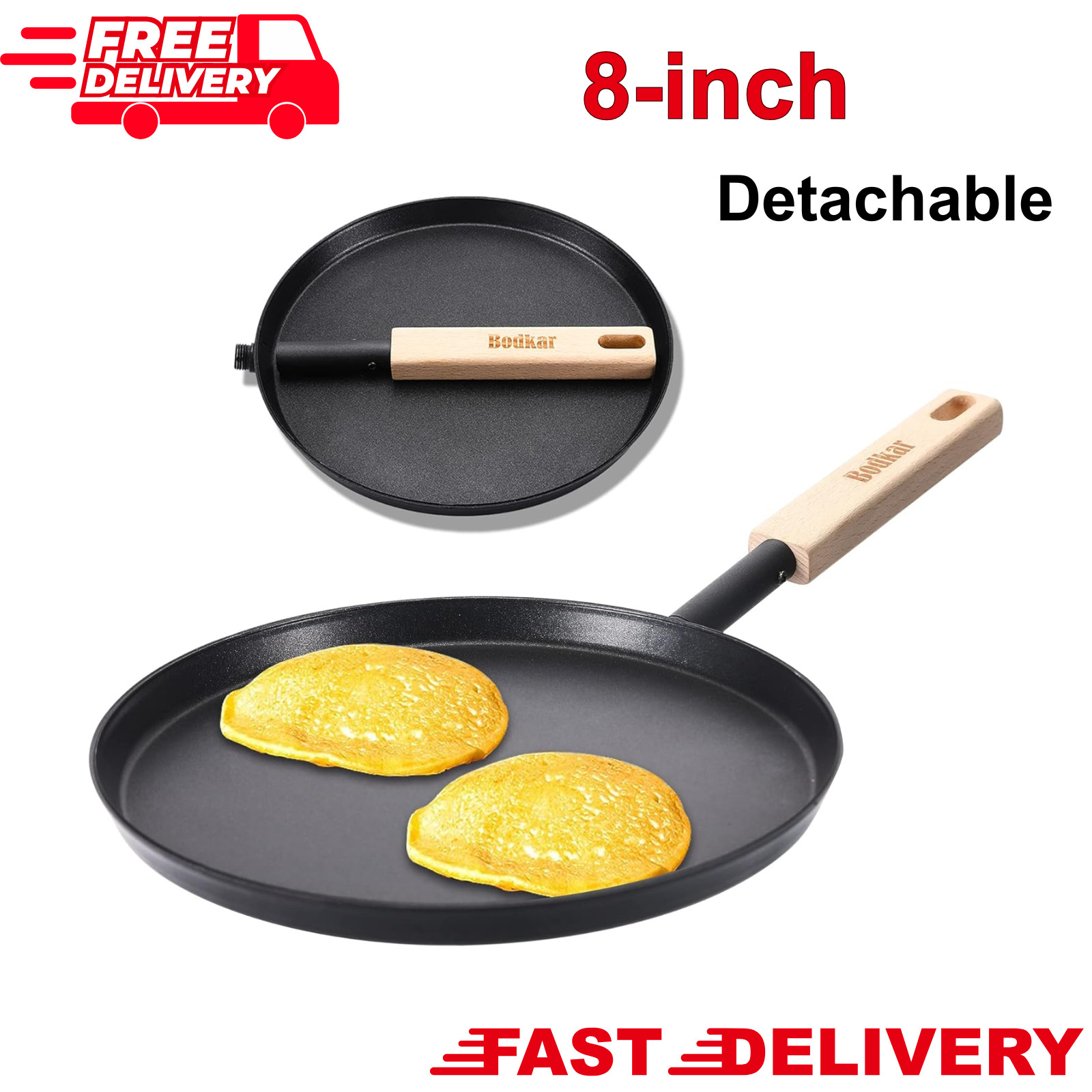 Frying Pan Skillet 8inch Flat Crepe Pan Lightweight Grill Pan with Wooden Handle
