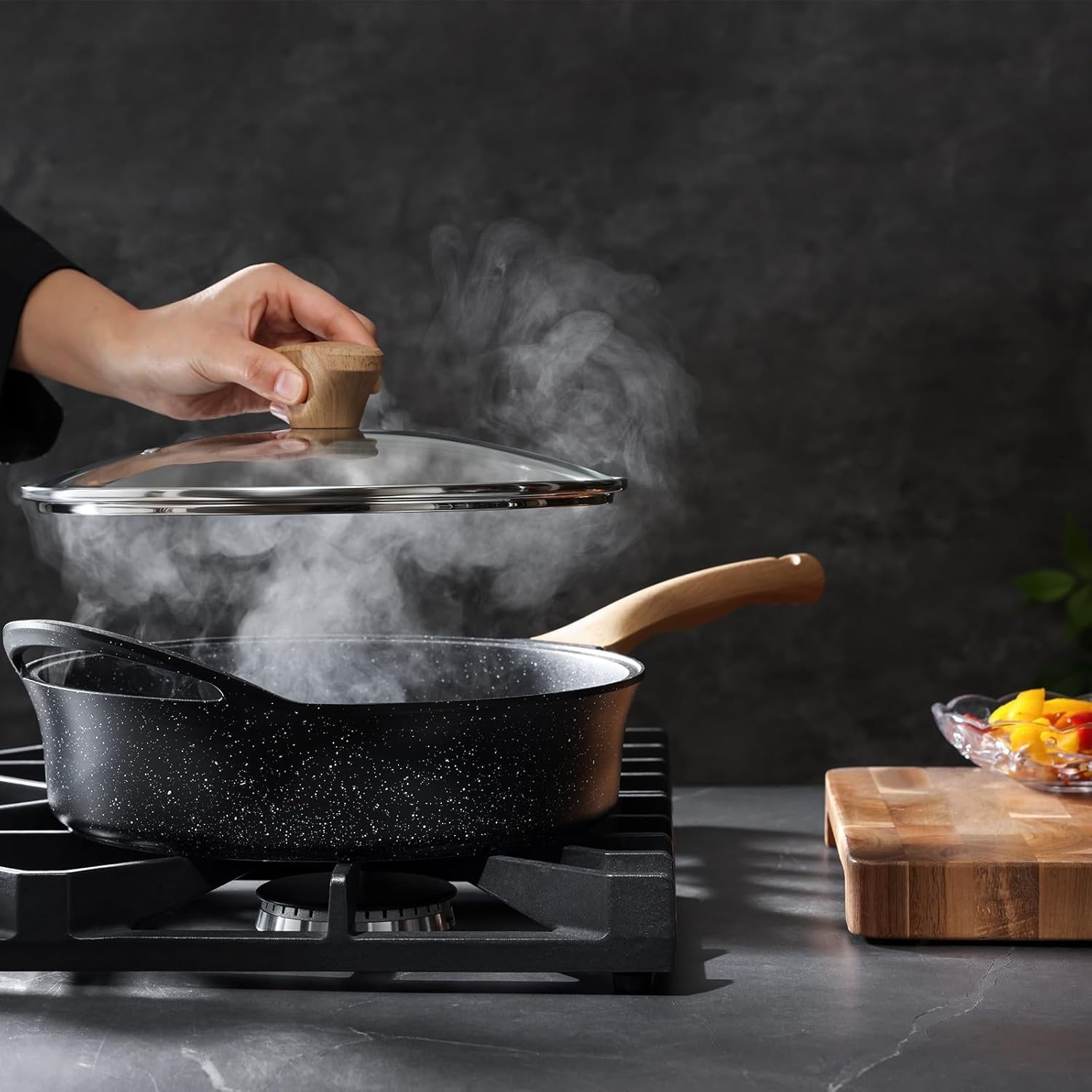 12 Inch Deep Nonstick Frying Pan with Lid 4.5 QT Swiss Granite Coating