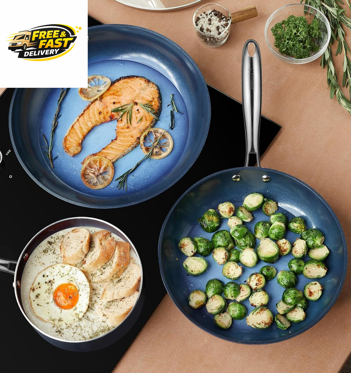 14 Inch Large Frying Pan with Lid, Nonstick Skillet with Ceramic Interior, Large