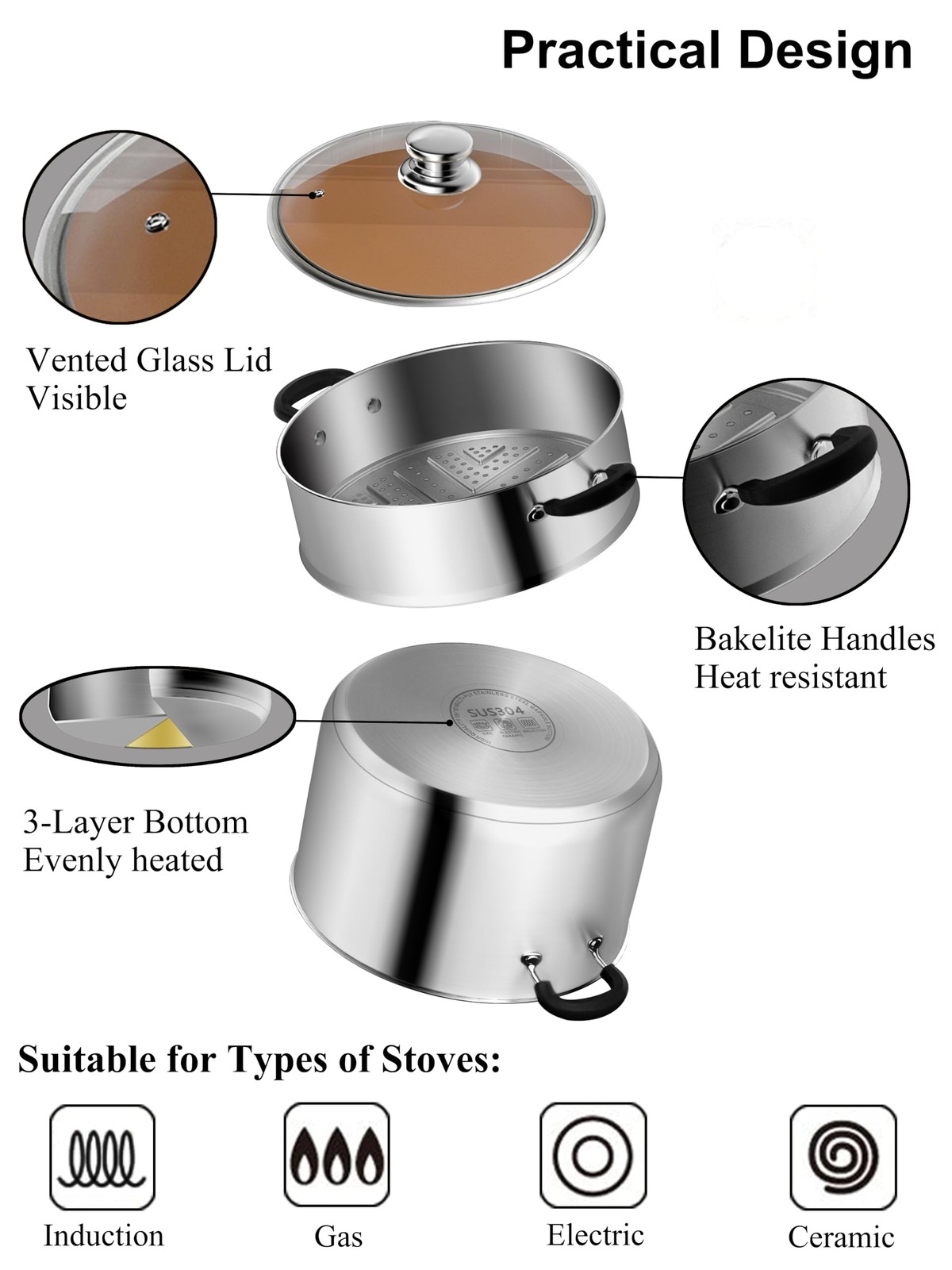 7.1 Inch 2.1 QT Stainless Steel Small Vegetable Steamer Cooking Pot