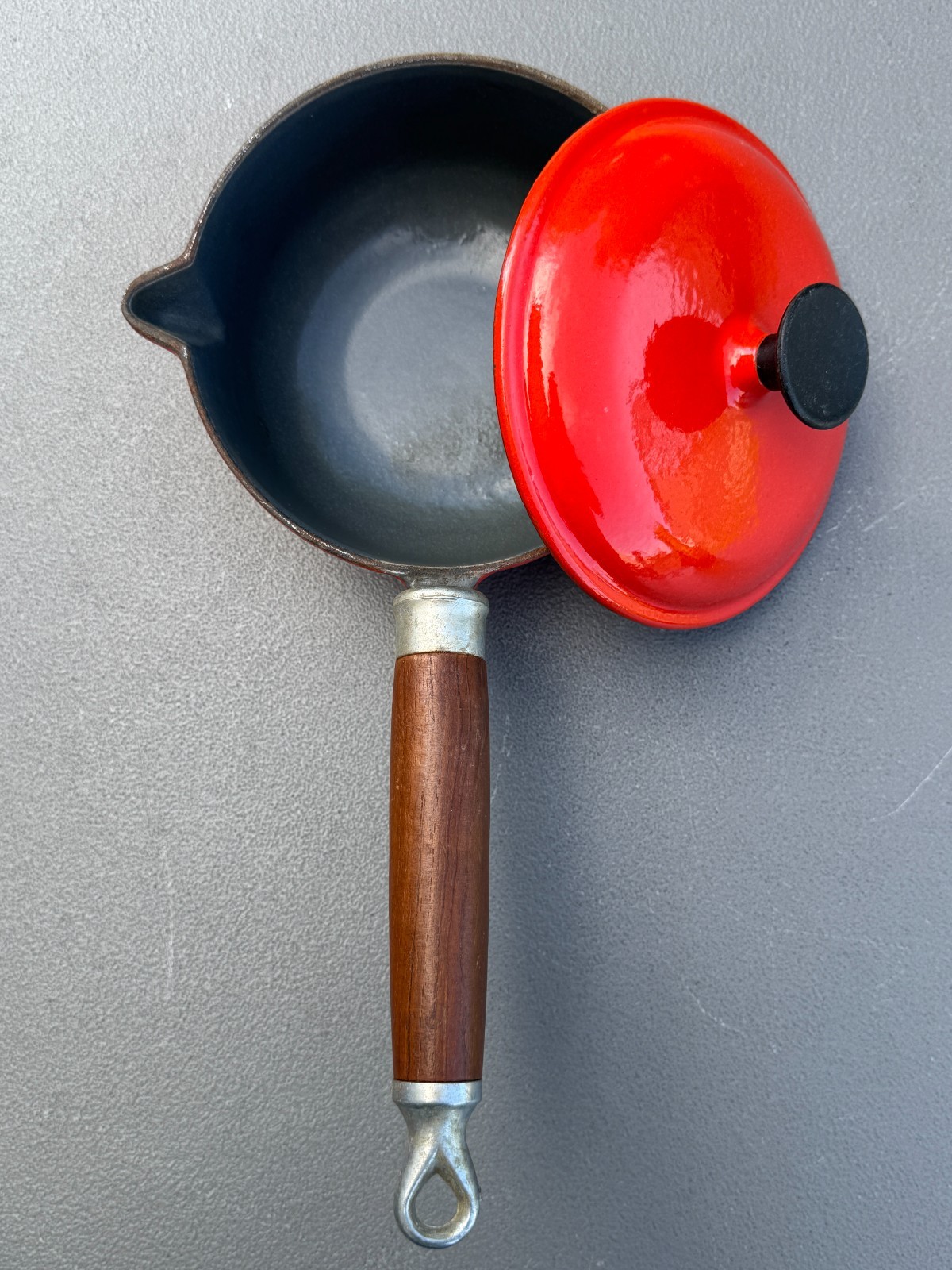 2 Vintage Lavec 1 Quart Saucepans Enameled Cast Iron: Red & Green w/Wood Handles